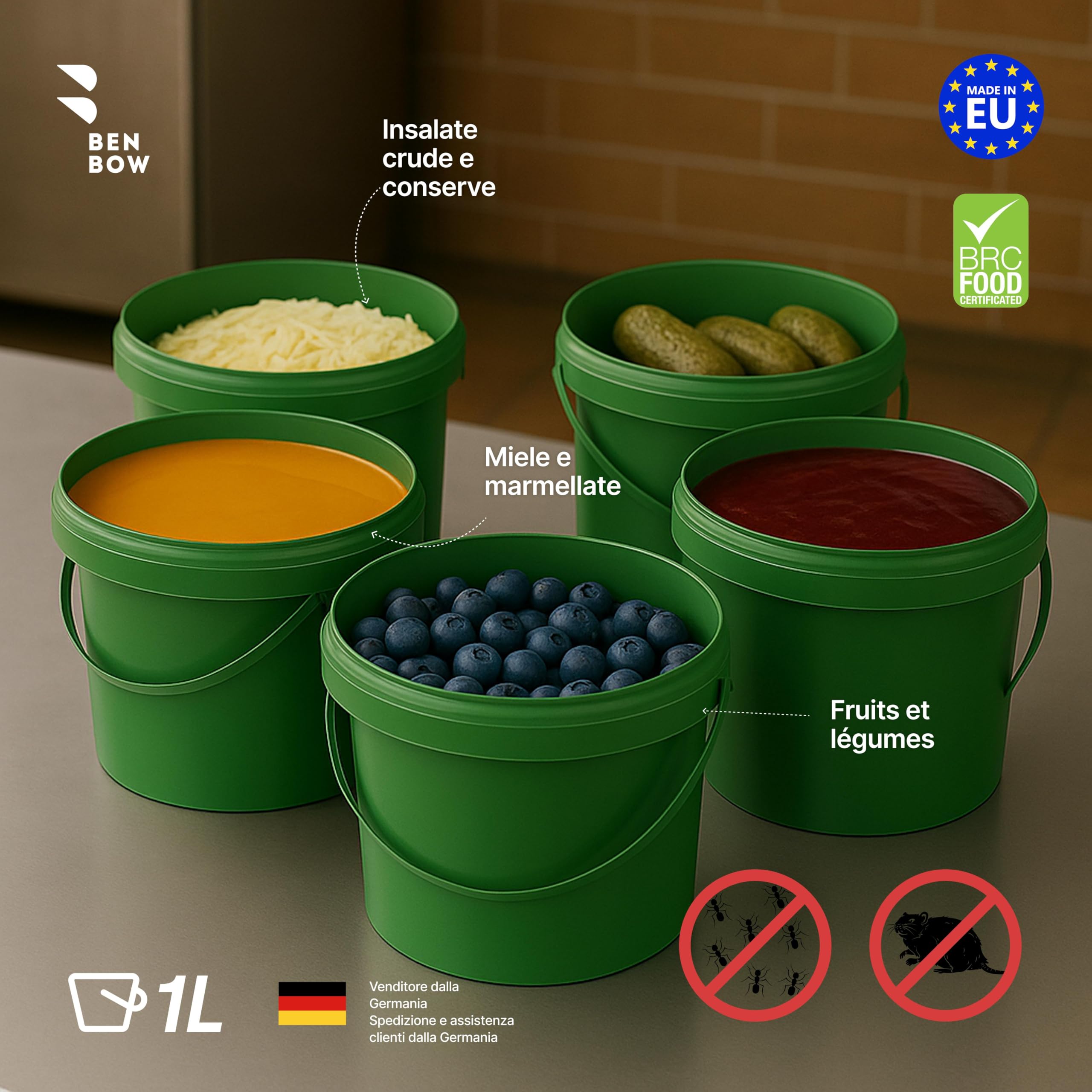 BenBow Cubo con tapa 1l verde 100x 1 litros - apto para alimentos, resistente, hermético, a prueba de fugas, sin olores - contenedor de plástico para almacenamiento, con asa - vacío…