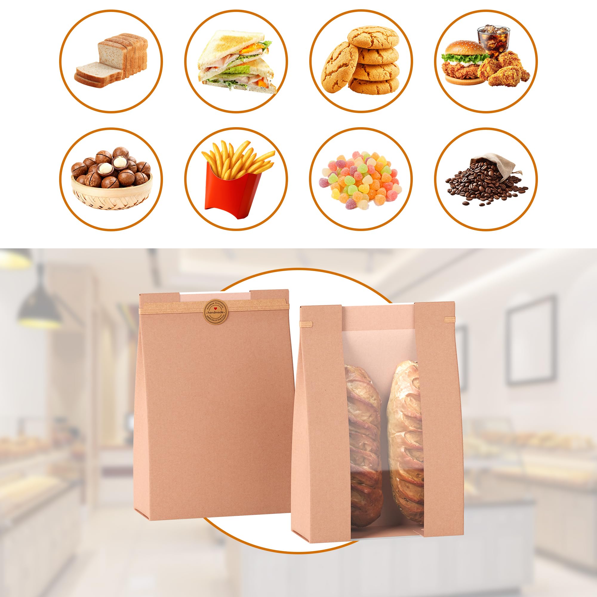100 Lot Sacs à Pain en Papier Kraft avec Fenêtre Transparente, Grands Sacs de boulangerie 35x9x21cm avec Fermeture à Cravate en Étain et Autocollants pour Pain, biscuits, Friandises