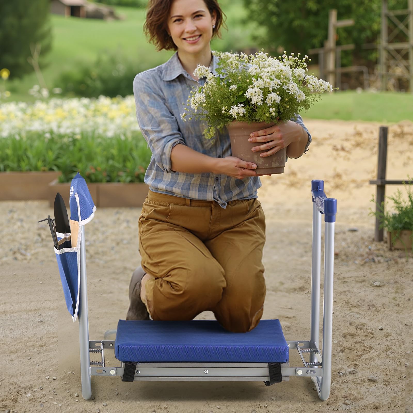 VEVOR Agenouilloir de Jardinage, Coussin Large 28 cm, Tabouret de Jardinage, Capacité 163 kg, Banc de Jardin Pliable, Siège Polyvalent avec Sac à Outils pour Jardin, Grands-Parents, Personnes Âgées