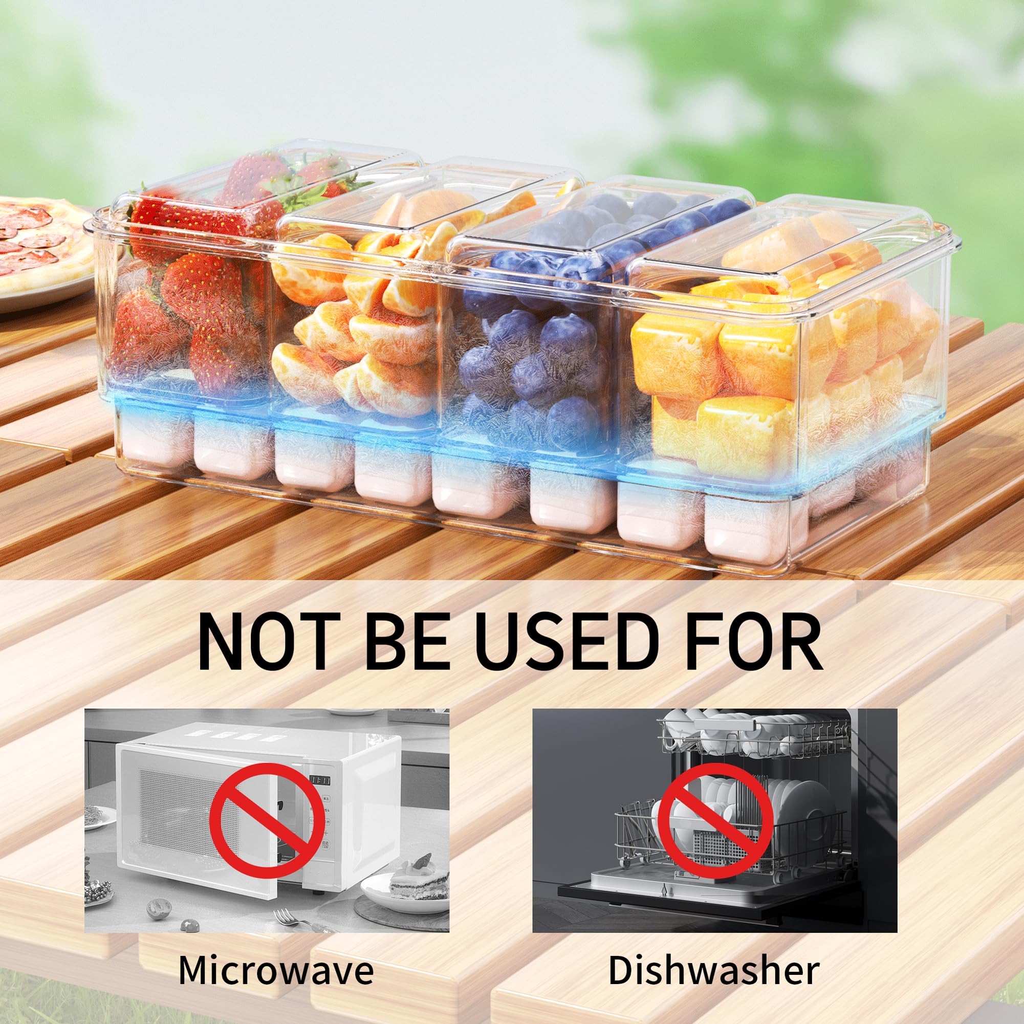 Paquete de 2 organizadores de condimentos enfriados con hielo con 4 recipientes y 4 tapas, bandeja para servir frutas con asa, organizador de condimentos portátil para suministros de barra de