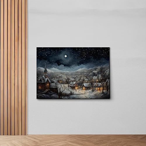Miniatura 4 de Christmas Wall Art - Farmhouse Snow Covered Christmas Eve Village At Night Painting Canvas Print, Over Mantel Holiday Decor Ready To Hang, Modern