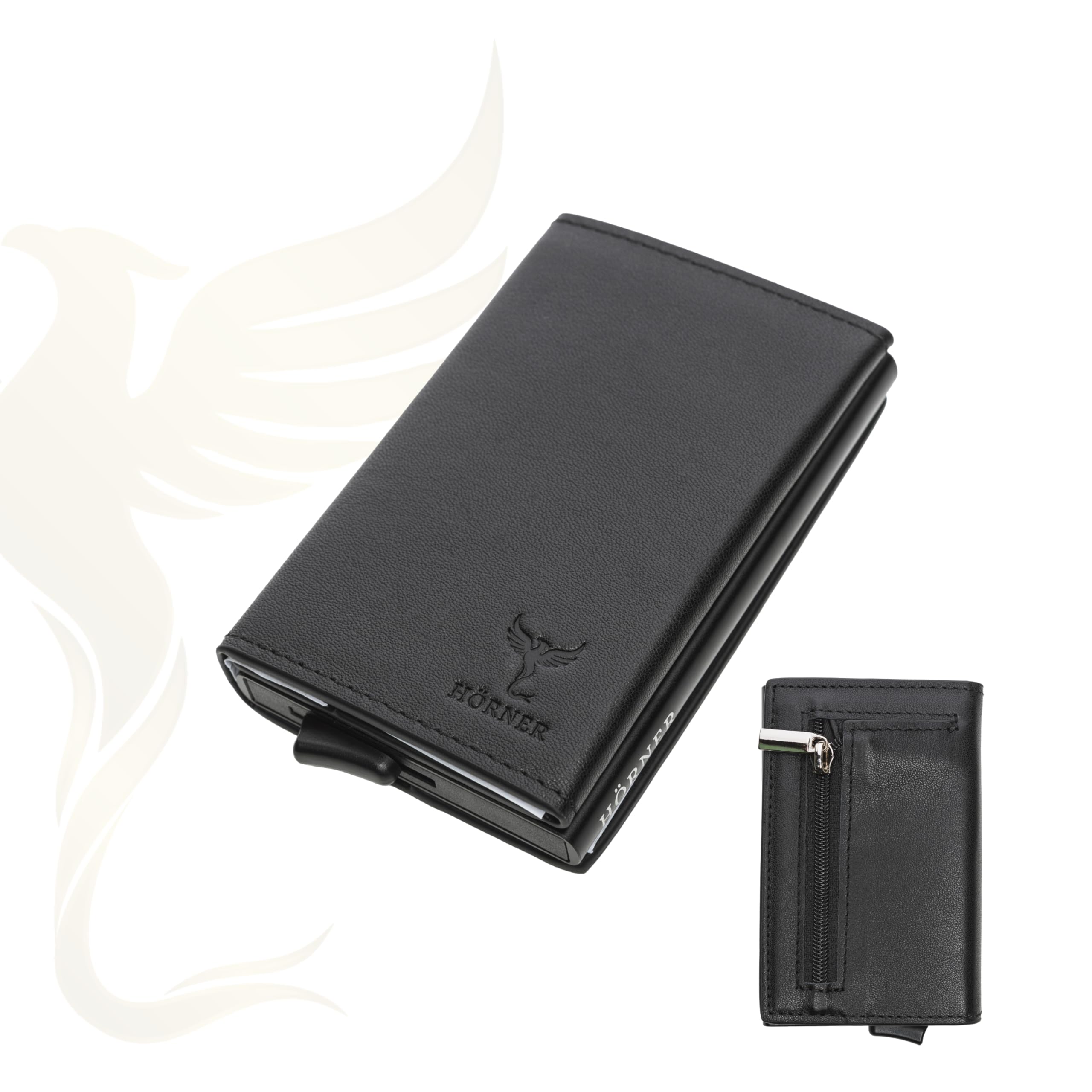 Hörner Novus Wallet – Slim Geldbeutel aus Echtleder, Aluminium-Cardholder (bis 7 Karten) mit Schiebemechanismus, Münzfach mit Reißverschluss, Scheinfach für 200-€-Scheine, 10×6×2 cm, Geschenkbox