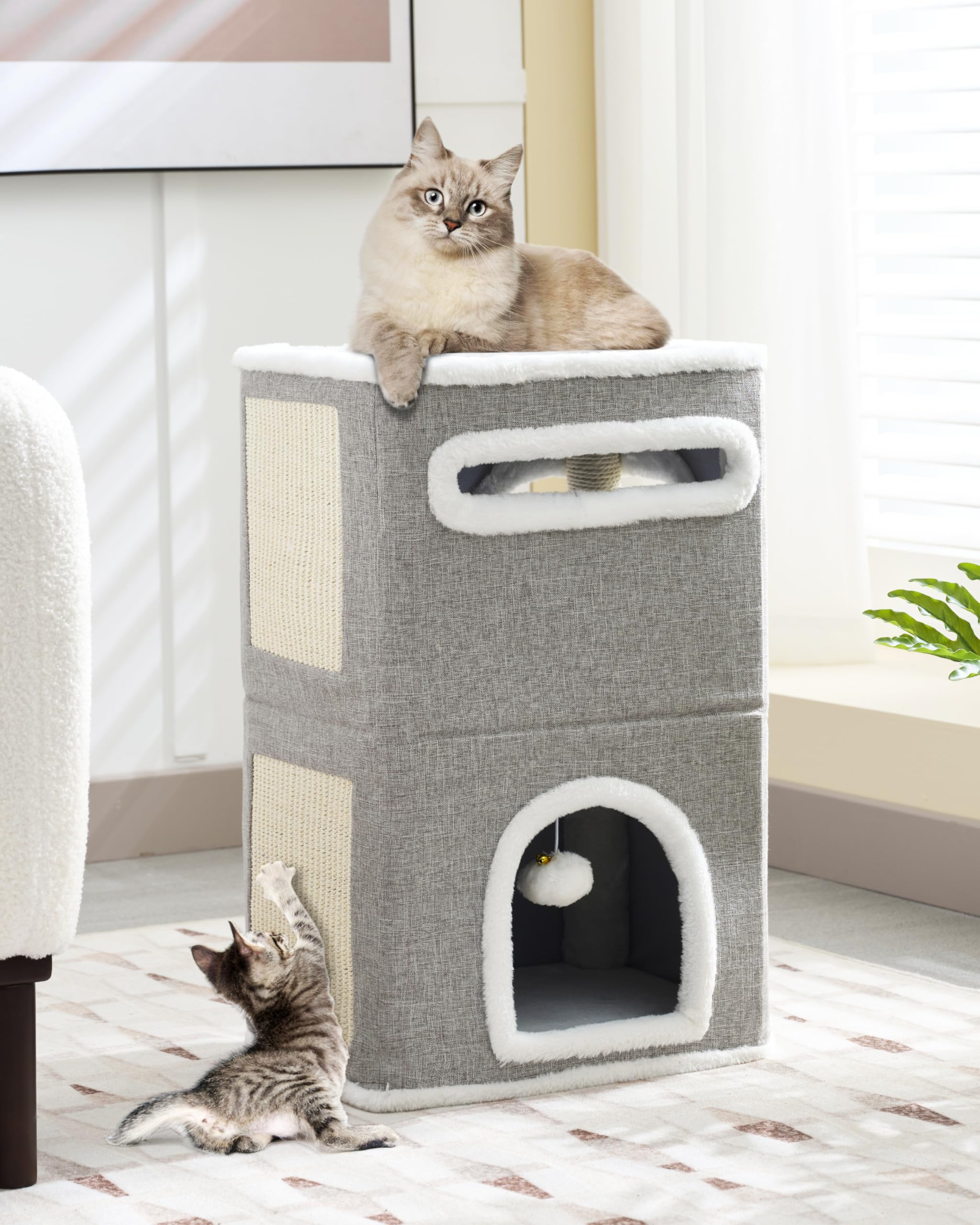 DYHOMECat Beds for Indoor Cats, 2 Storey Cat House Large Cat Hideaway Cat Cave Bed Cat Cube Modern Cat Houses & Condos Cat Hideout with Fluffy Ball Hanging and Scratch Pad, Grey