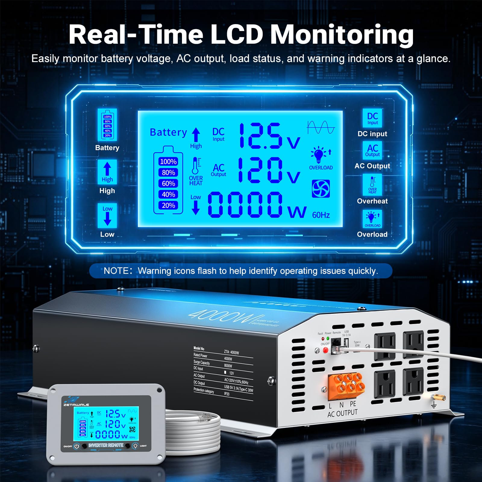 Inverter a onda sinusoidale pura da 4000 W, da 12 V CC a 110 V, 120 V CA, inverter di potenza di picco 8000 W, con 4 prese AC, porta USB di tipo C, display LCD con telecomando per camion