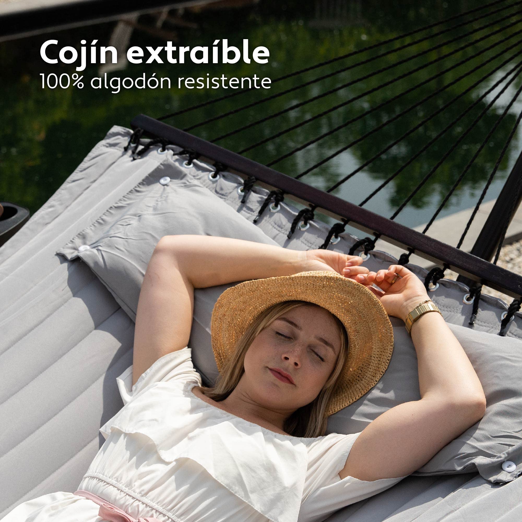 VITA5 Hamaca Doble con Soporte y Mesa Auxiliar 200 kg | Disfruta del Descanso en Jardín o Piscina con Portabebidas Integrado y Espacio para Dos Personas