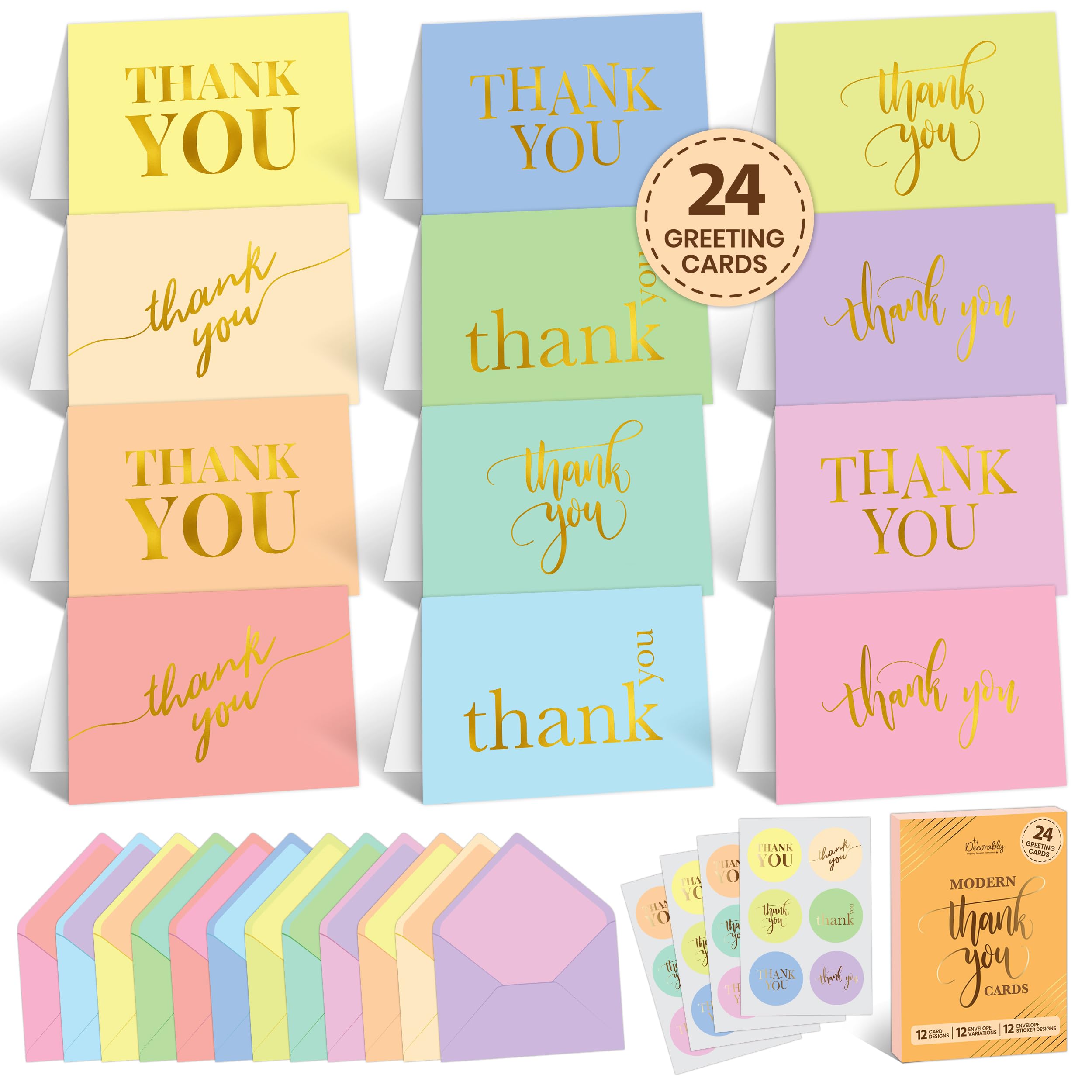 Decorably 24 Pack Gold Foil 6x4in Modern Thank You Cards Kids with Envelopes and Stickers,12 Stylish Pastel Designs for Boys & Girls, Loved Ones,