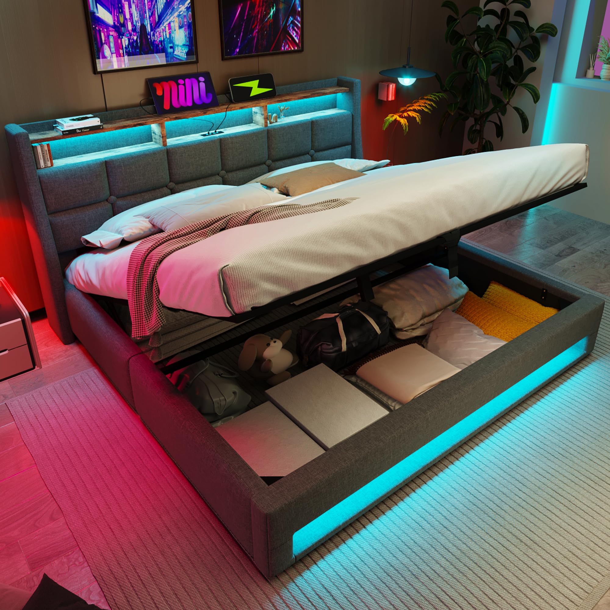 4ft6 Double Bed Frame with Hydraulic Lift & LED Storage Headboard, Linen Functional Upholstered Ottoman Bed with LED Lighting & Charging Station, Gas Lift Beds with Storage & Slats, Grey, No Mattress — image 1
