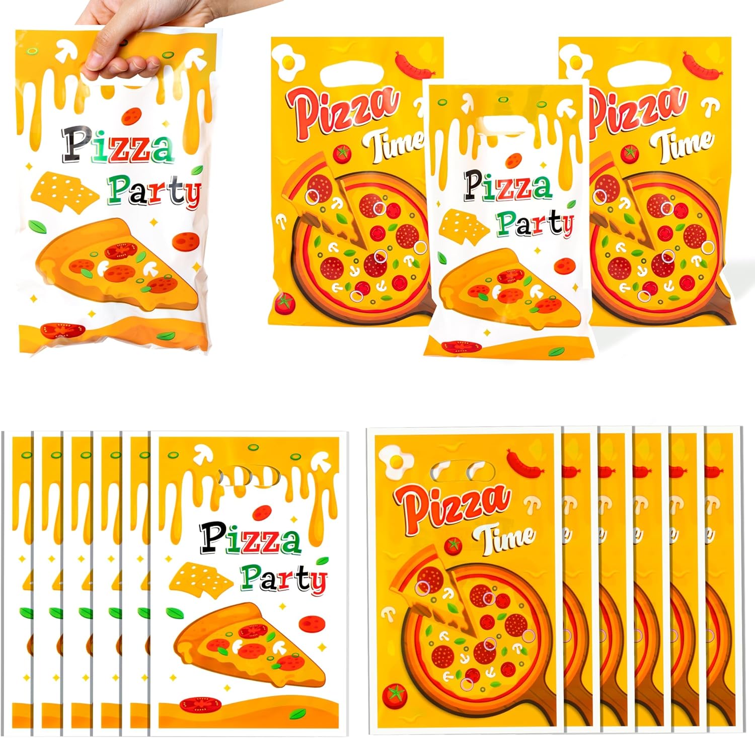 Pizza Party Favor Bags - 50Pcs Plastic Snack Candy Goodie Gift Bags with Handles, Pizza Themed Party Decoration Kids Birthday Supplies