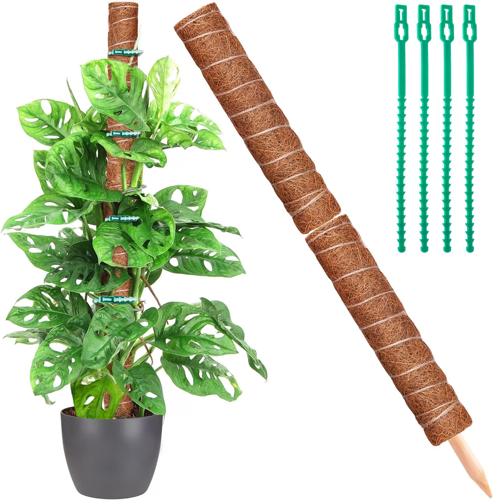 2 Pack 17.7'' Coir Totem Pole with 4 Plant Wrap Ties,Coir Moss Totem Pole Stick for Plant Support Extension, Climbing Indoor Plants, Creepers and Epipremnum Aureum