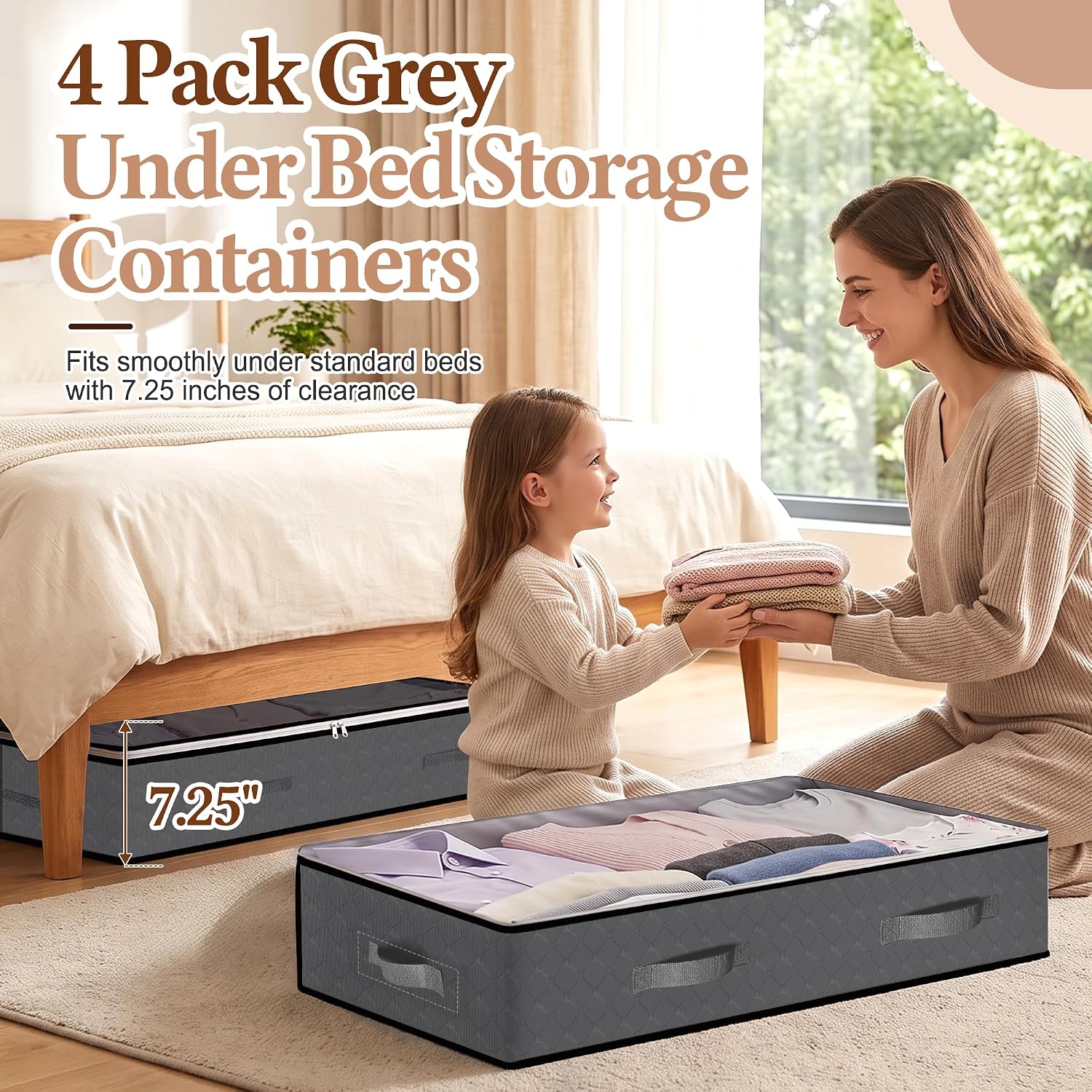 95L Under Bed Storage Containers, 4 Pack Closet Organizers, Clear Lid, Grey