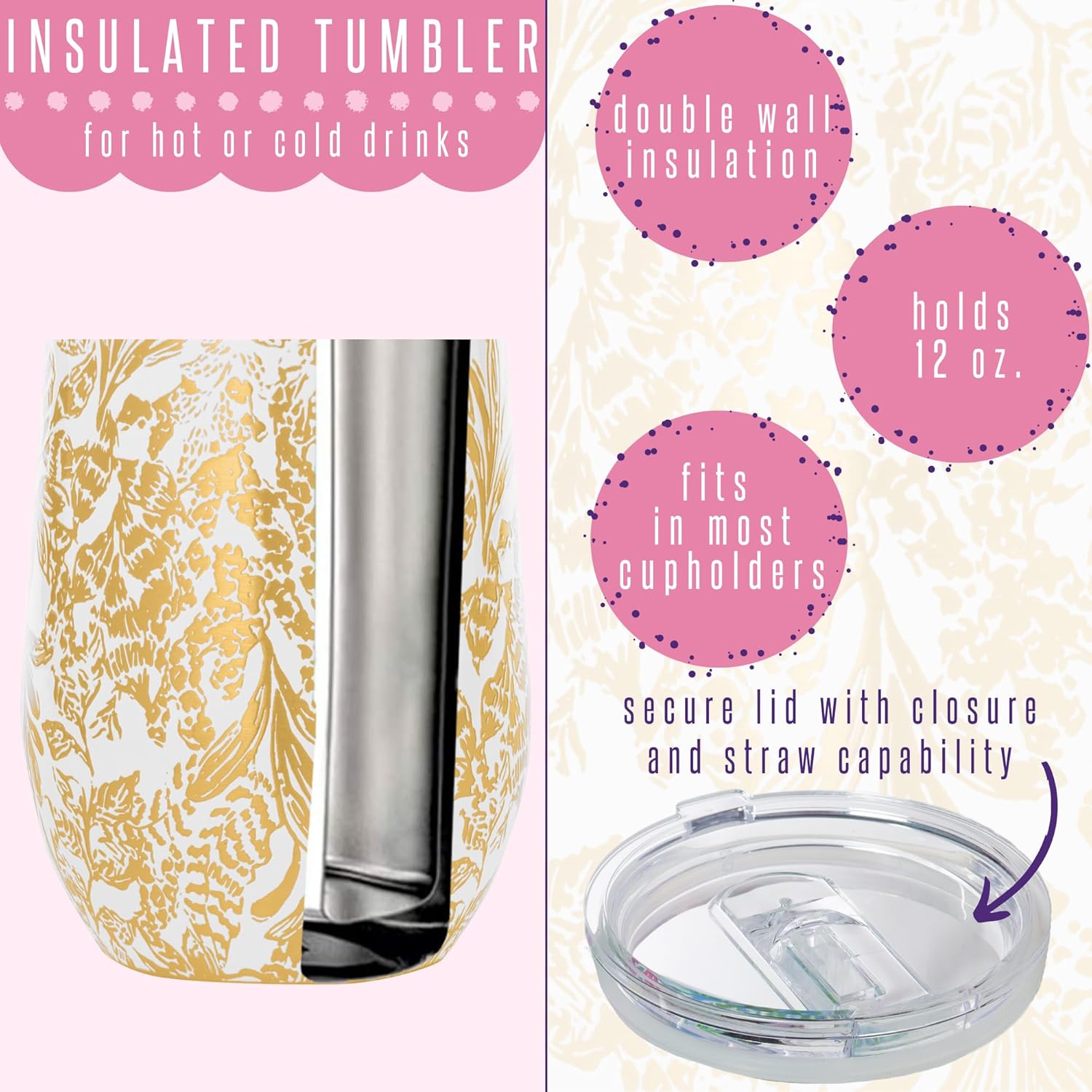 Lilly Pulitzer 12oz Insulated Tumbler with Lid, Stainless Steel Travel Wine Glass, Double Wall Metal Cup, Calypso Coast (Gold) - Image 2