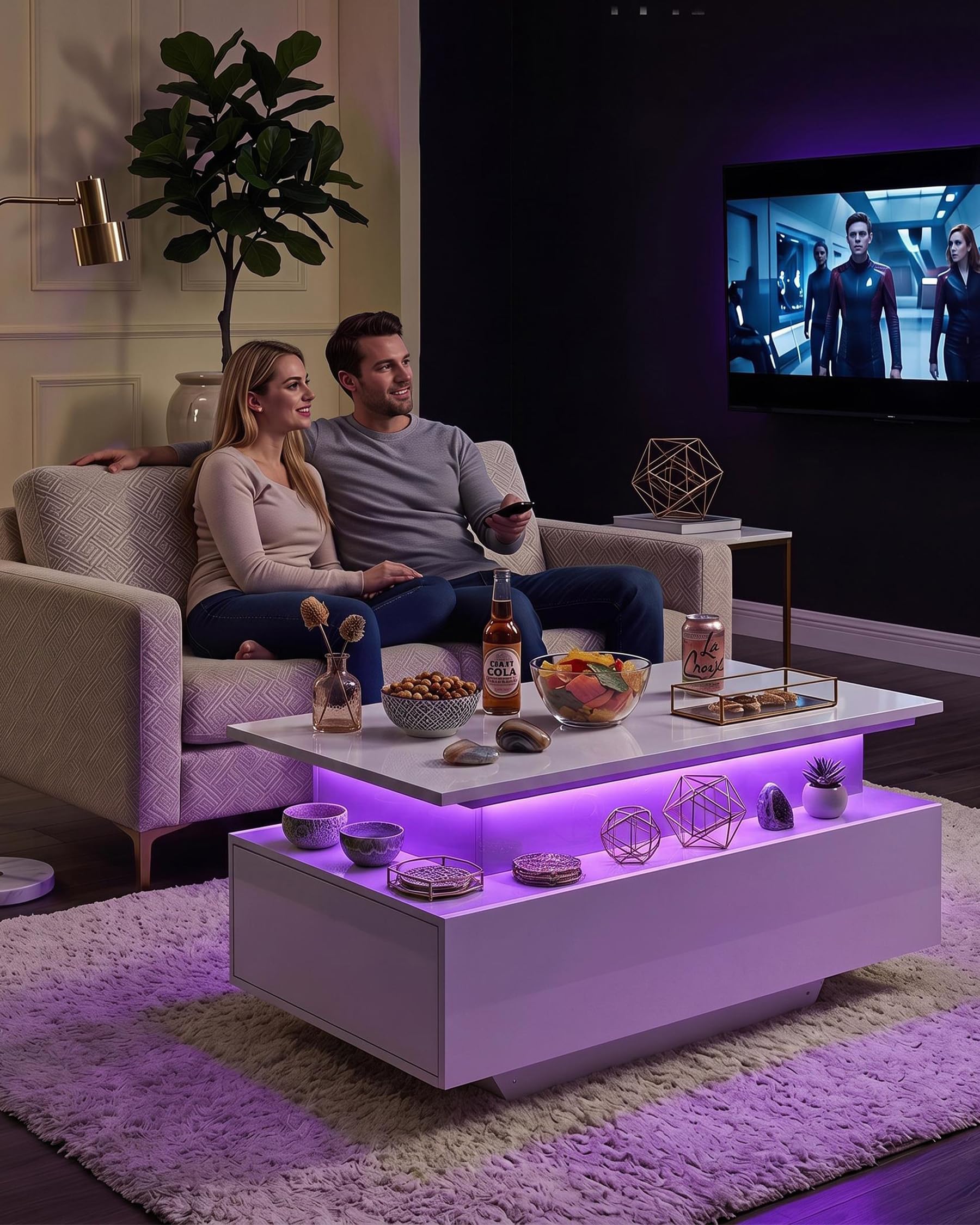 Tavolino da Salotto Rettangolare Moderno, Tavolo Salotto Salvaspazio, Tavolino Trasformabile con 2 cassetti e 1 spazio nascosto, Coffee Table con effetti di luce multicolore
