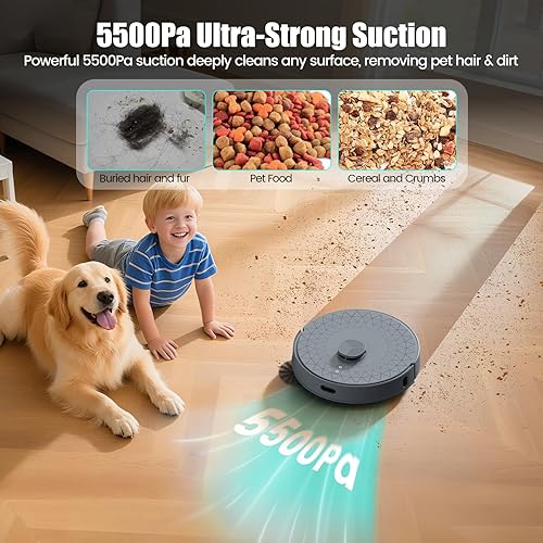 Miniatura 4 de AIRROBO Robot aspirador y trapeador, 60 días de auto-vaciado, 5500Pa potente succión, cepillo sin enredos, detección de alfombras, mapeo SUD,