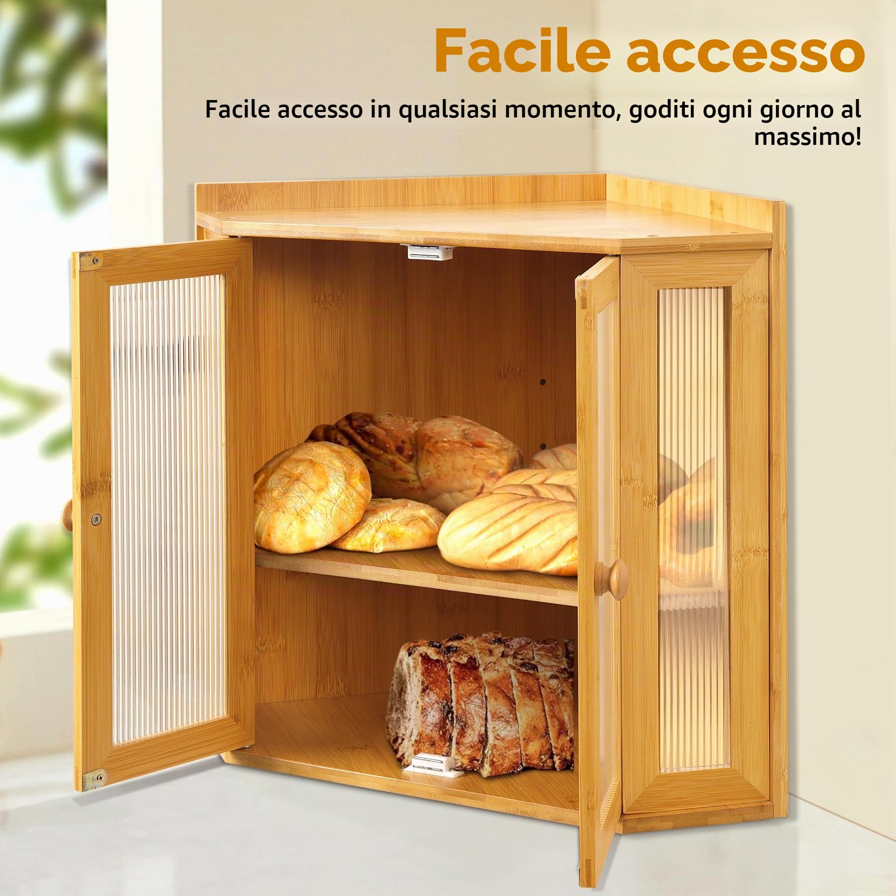 Portapane in Bambù a 2 Livelli, Grande Dimensione, Facile da Montare, Porta Pane in Legno, Ideale per l'Angolo del Piano della Cucina.