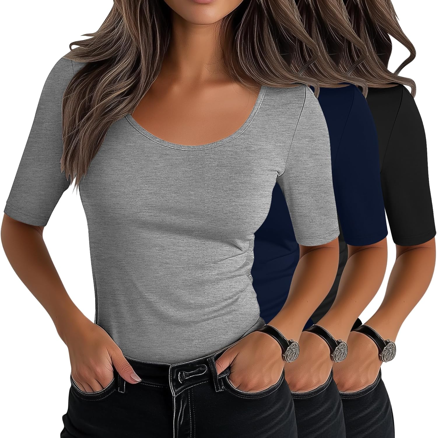 Neer 3 Pack Women's Scoop Neck Stretchy Tops Cotton Half Sleeve Slim Fitted T-Shirts Tight Casual Basic Summer Tees