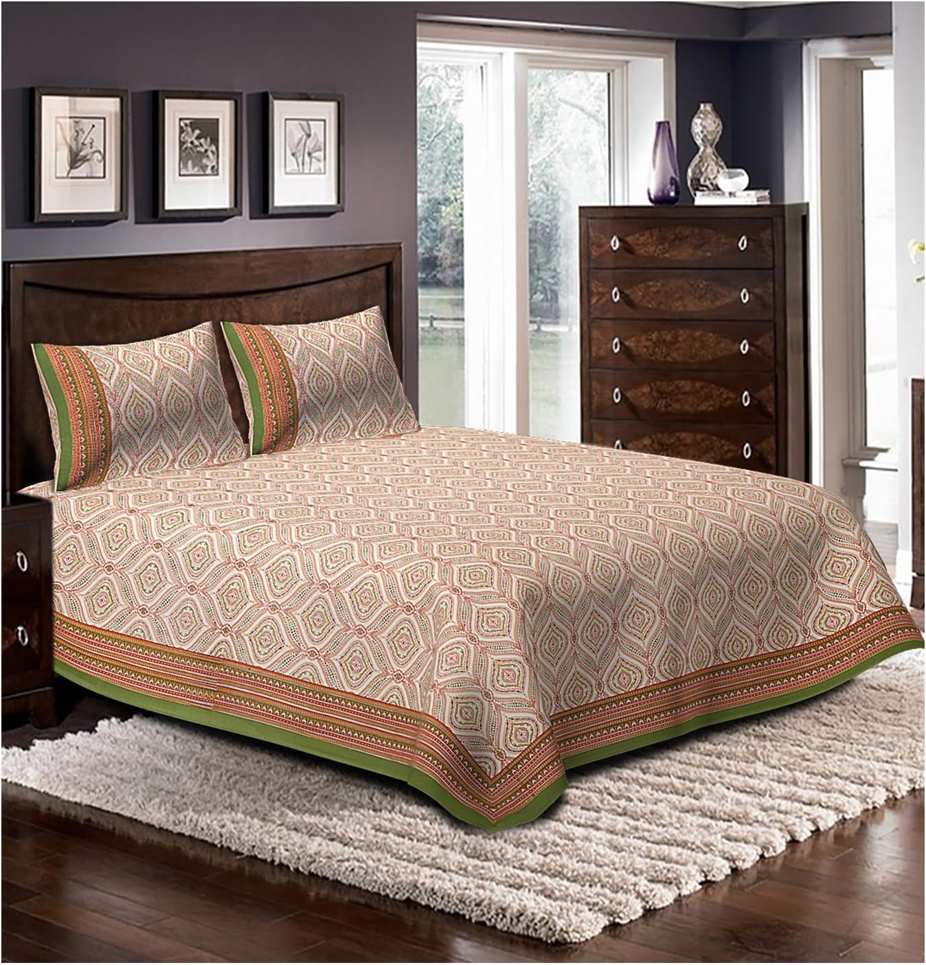 Rustic India 200 TC Bedsheet with 2 Pillow Covers - Abstract, King, Orange