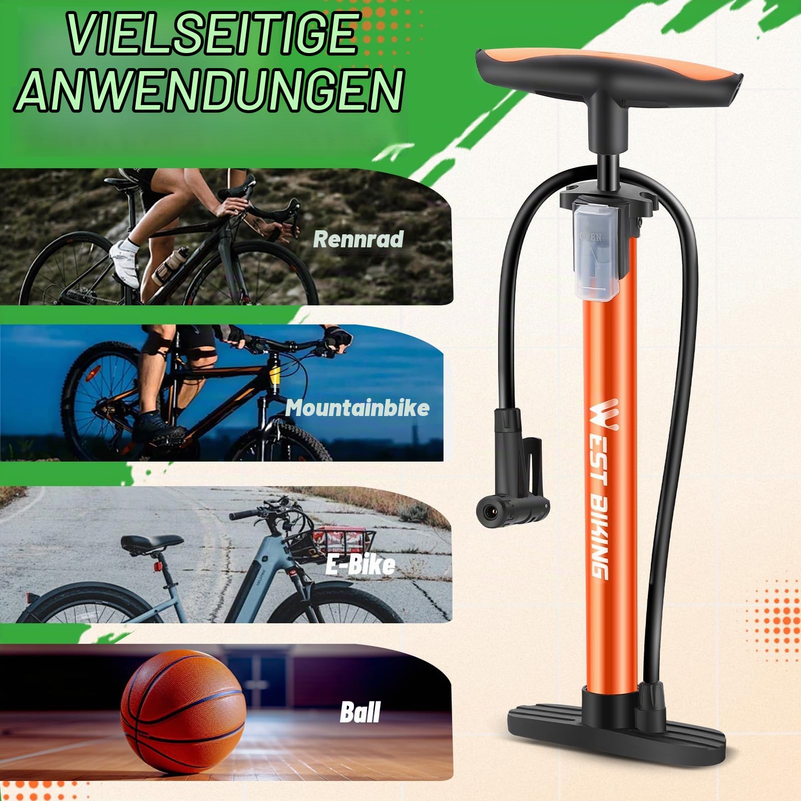 Fahrradpumpe Luftpumpe Fahrrad für alle Ventile - 11 Bar / 160 Psi Standluftpumpe - Standpumpe für Rennrad, E-Bike, Mountainbike