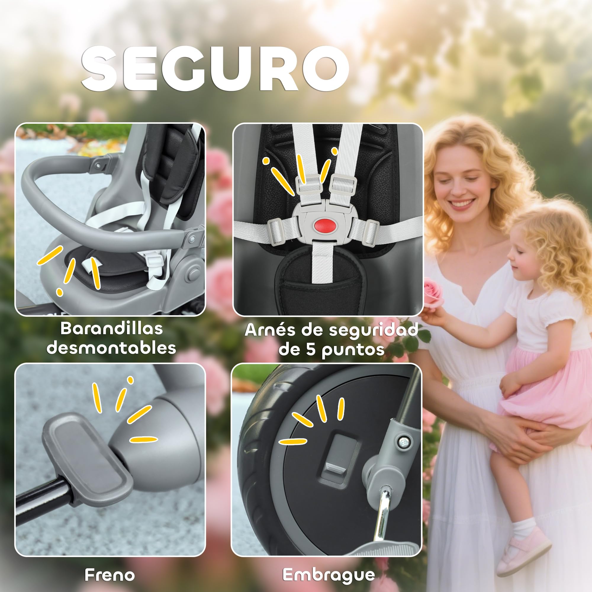 AIYAPLAY 6 in 1 Triciclo Passeggino Bici per Bambini 1-5 Anni Fino 25Kg, Triciclo Pieghevole con Sedile Girevole Fronte Mamma o Strada, Cappottina, Maniglione, Borsa, Ruote e Cintura a 5 Punti, Nero