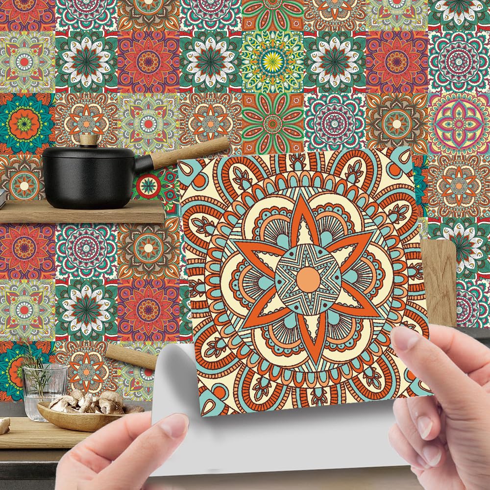 LMYSXAOZ 24 PCS Tile Stickers Stick on Tiles, Self Adhesive Wall Tiles for Kitchen Bathroom, Oil Proof Peel and DIY Floor Mandala (20x20cm,Morocco 3)
