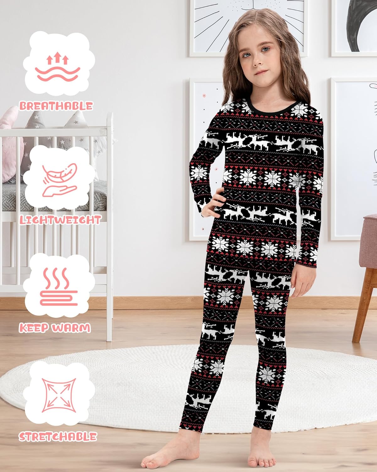 Silkfly 2 Pack Girls Thermal Underwear Set Fleece Lined Thermals Top and Bottom Base Layer for Girls Winter(Medium,Black, Christmas Colors) - Image 5