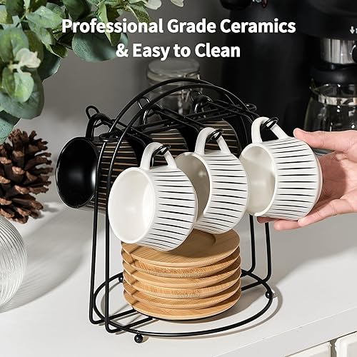 Miniatura 5 de LUKA Juego de 6 tazas de café de cerámica con platillos con soporte de metal, tazas Demitasse de porcelana de 4 onzas para expreso, latte, café,