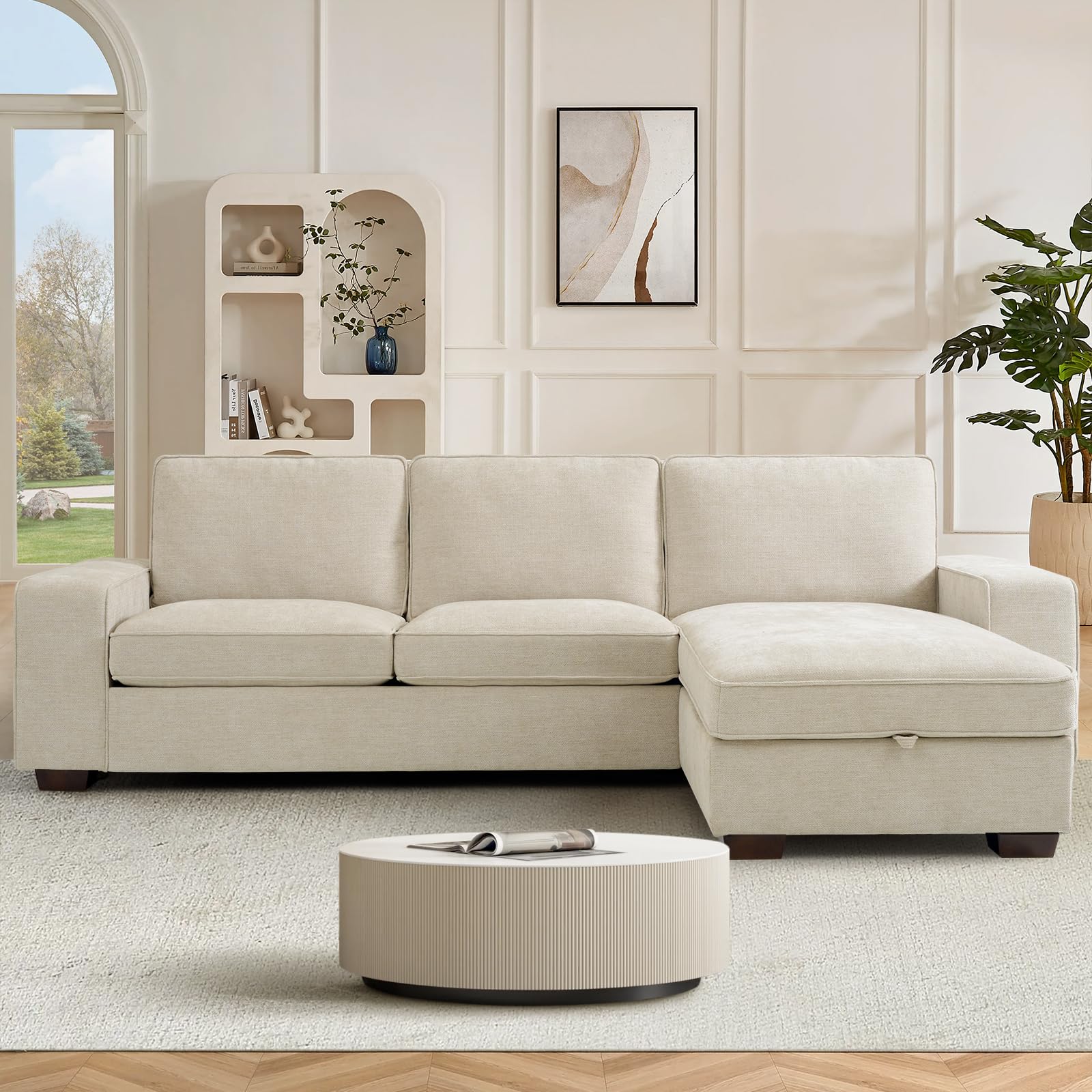 DUANDUAN Sofá seccional Convertible 250 cm con Almacenamiento en Chaise, Moderno diseño Reversible en Forma de L, cómodo Tejido de Chenilla, Fundas de Almohada Desmontables, Puertos USB Tipo C Beige