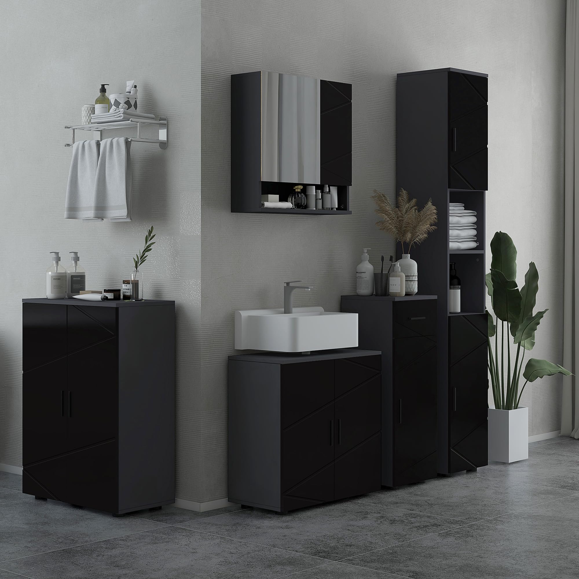 kleankin Mobile Sottolavabo con Armadietto 2 Ante, Mobiletto Bagno Sottolavandino in Legno con Mensola Regolabile, per Lavabi con o Senza Colonna, 60x30x60cm, Nero e Grigio Scuro