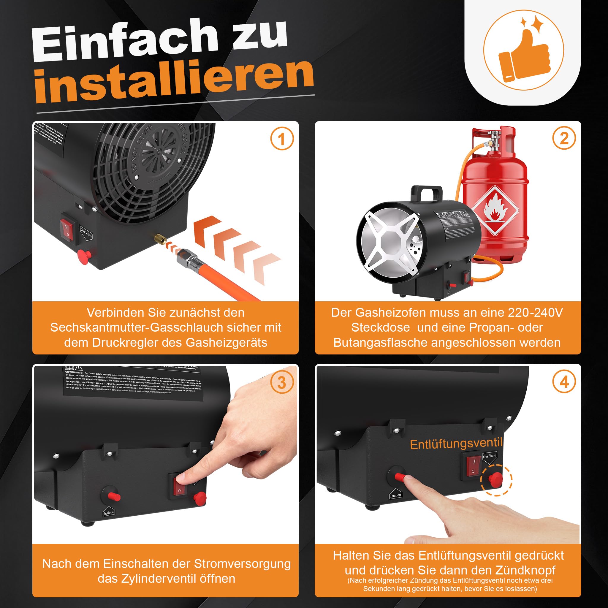 NAIZY Gasheizung für innenräume 15KW Gasheizgebläse mit 1.4m Gasschlauch und 700 mbar Druckminderer, 320 m³/h Luftdurchsatz Gasheizstrahler für Baustellen Garage Lagerräumen
