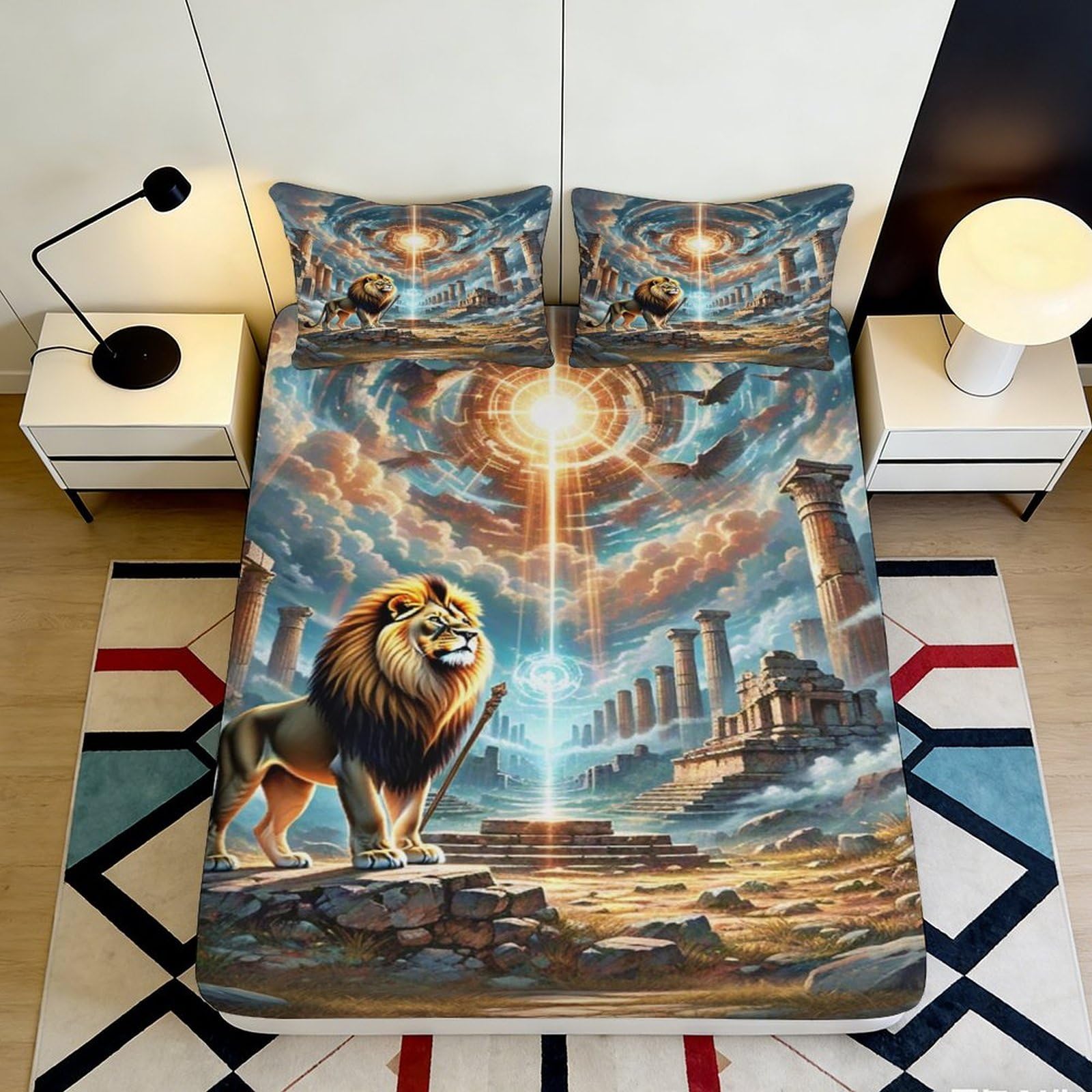 3D Printed Majestic Lion Fitted Sheet Microfiber Soft Ancient Ruins Bed Cover for Bedroom Guest Room Decor 90x200x25cm