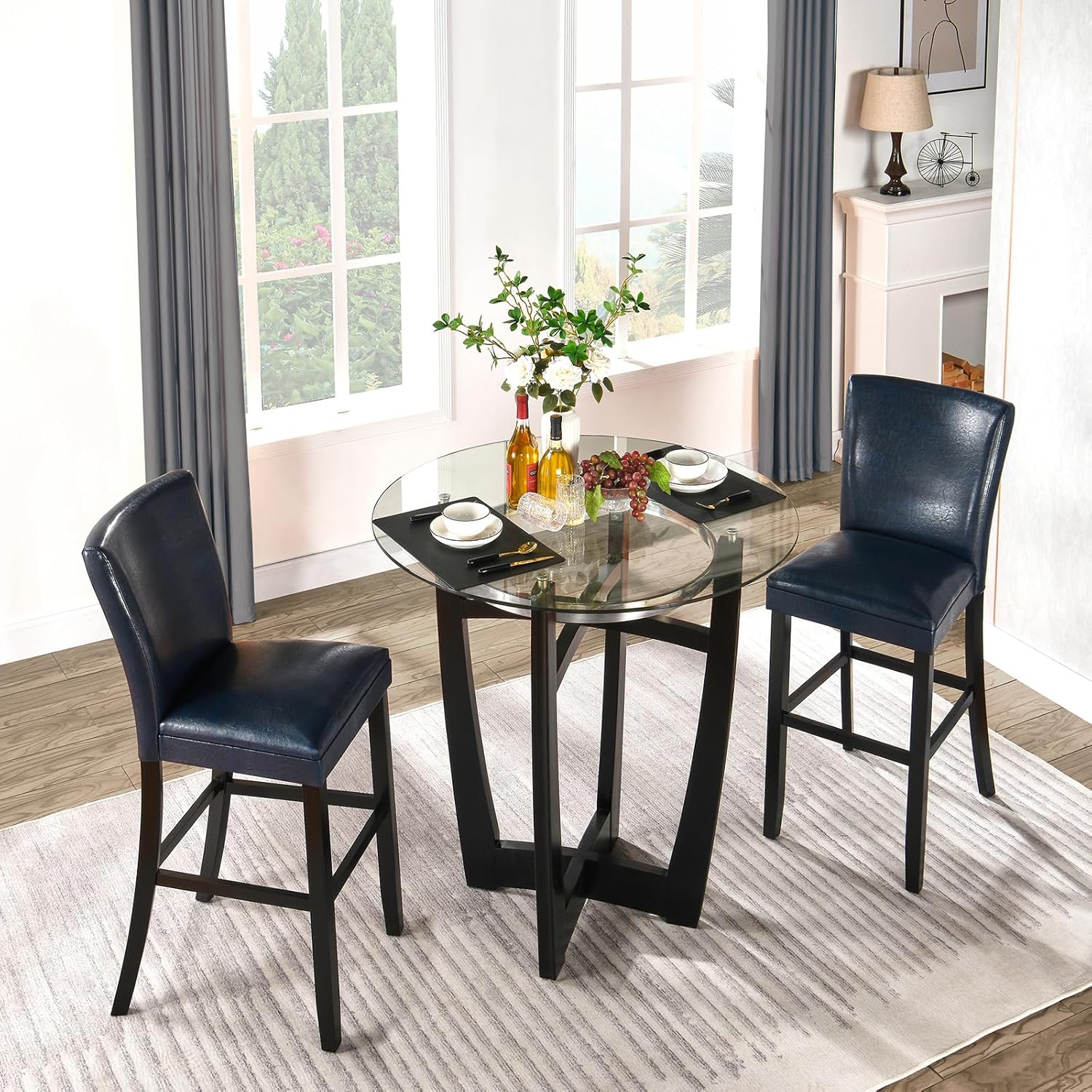 Faux Leather Bar Height Stools with Back, 31.9" Seat Height, Solid Wood Frame, Ideal for Kitchen Island, Home Bar, or Café, Set of 2, Dark Blue
