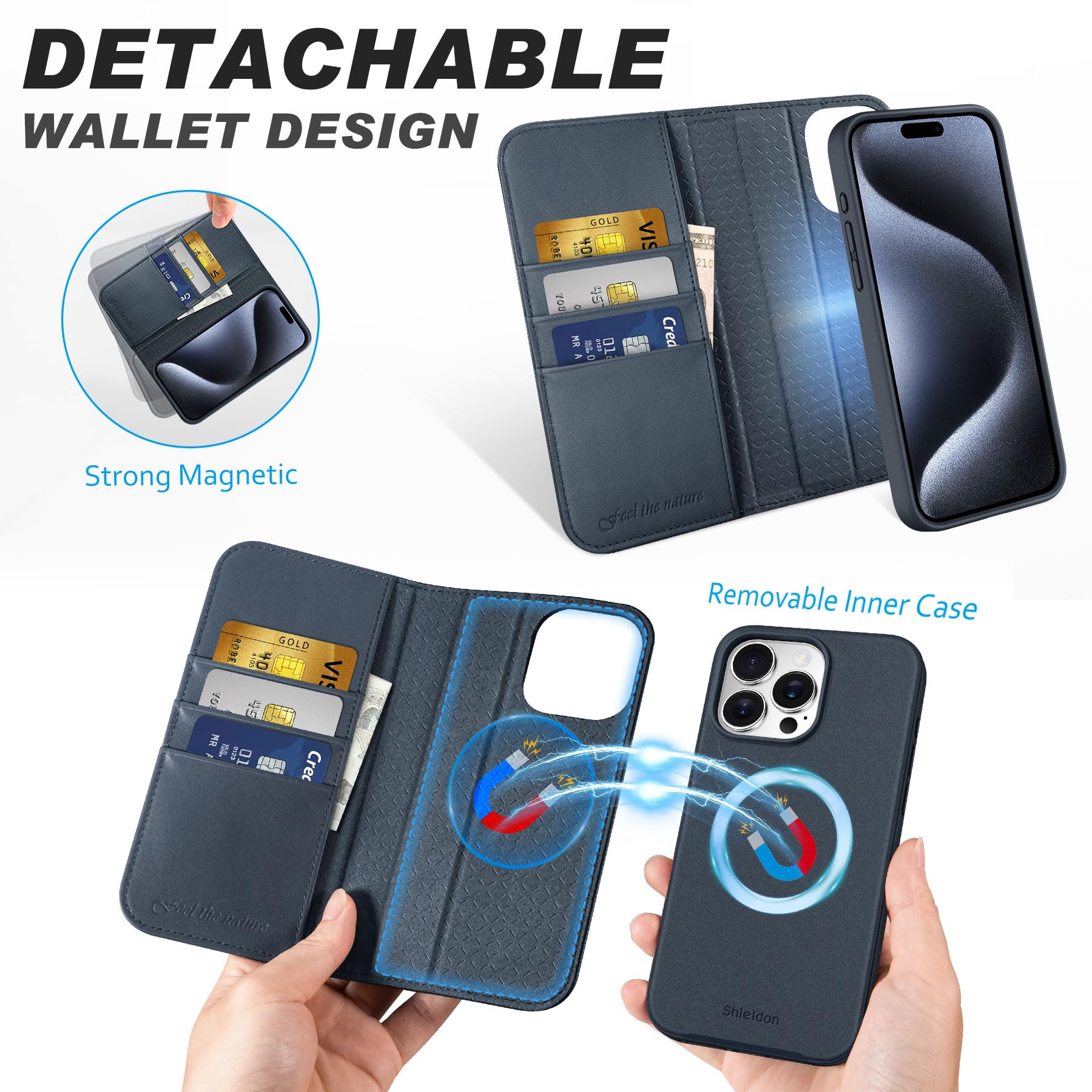 Custodia Portafoglio Per IPhone 15 Pro Max - Magnetica 2 In 1 In Vera Pelle Con Slot Carte E RFID - Foto 9
