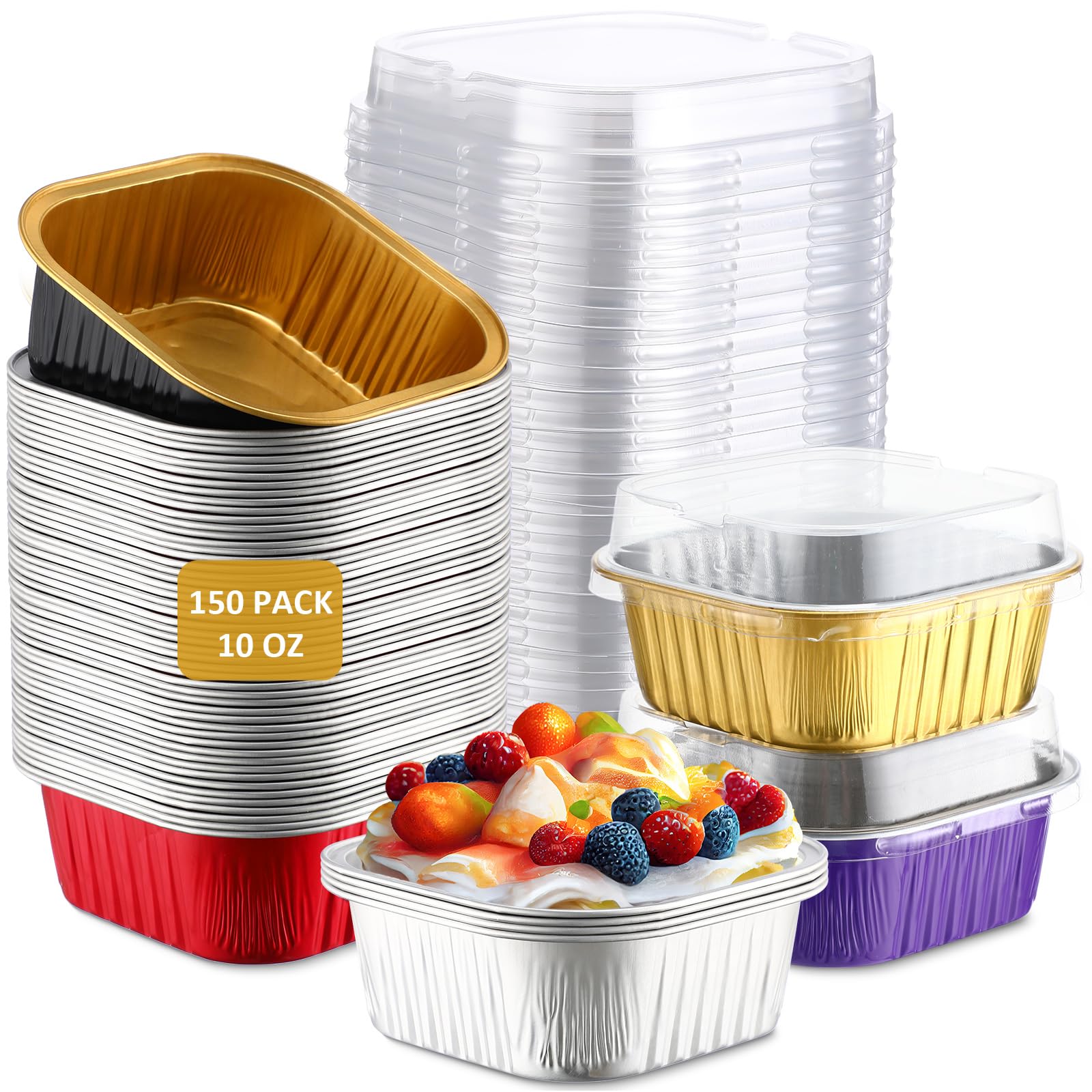 150 tazas de papel de aluminio de 10 onzas con tapas, tazas cuadradas para hornear, moldes desechables para hornear, moldes para cupcakes, para alimentos, brownie, pudín, postres, hornear, cocina,