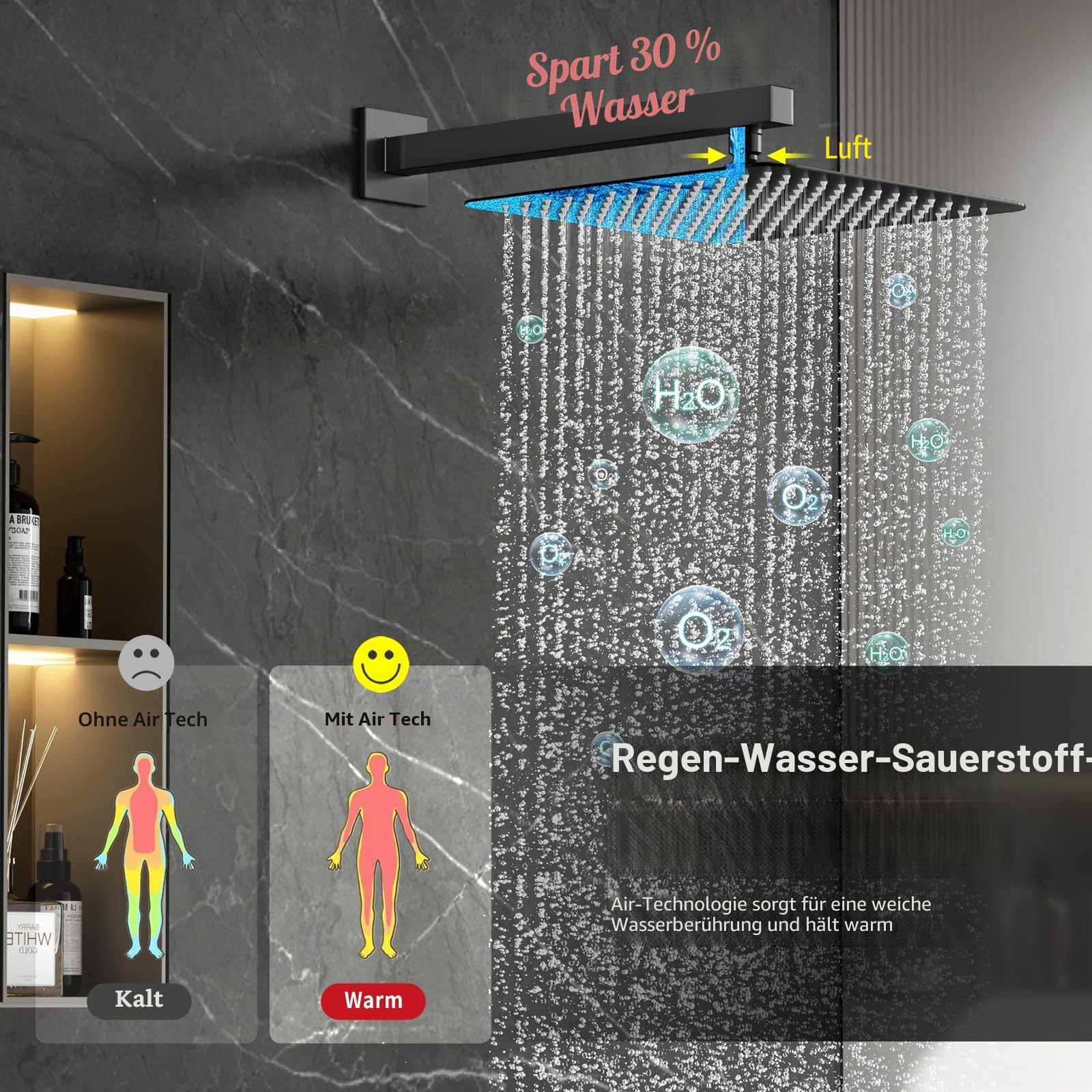 Rainsworth Unterputz Duscharmatur Set, 30x30cm Quadratischer Regenduschkopf mit Hochmoderne Air Injection Technology, Hochwertig Edelstahl und Messing Zubehör, Wandmontage Duschsystem Schwarz | Unterputz Duscharmatur Set mit 12 Zoll Regendusche, Unterputz