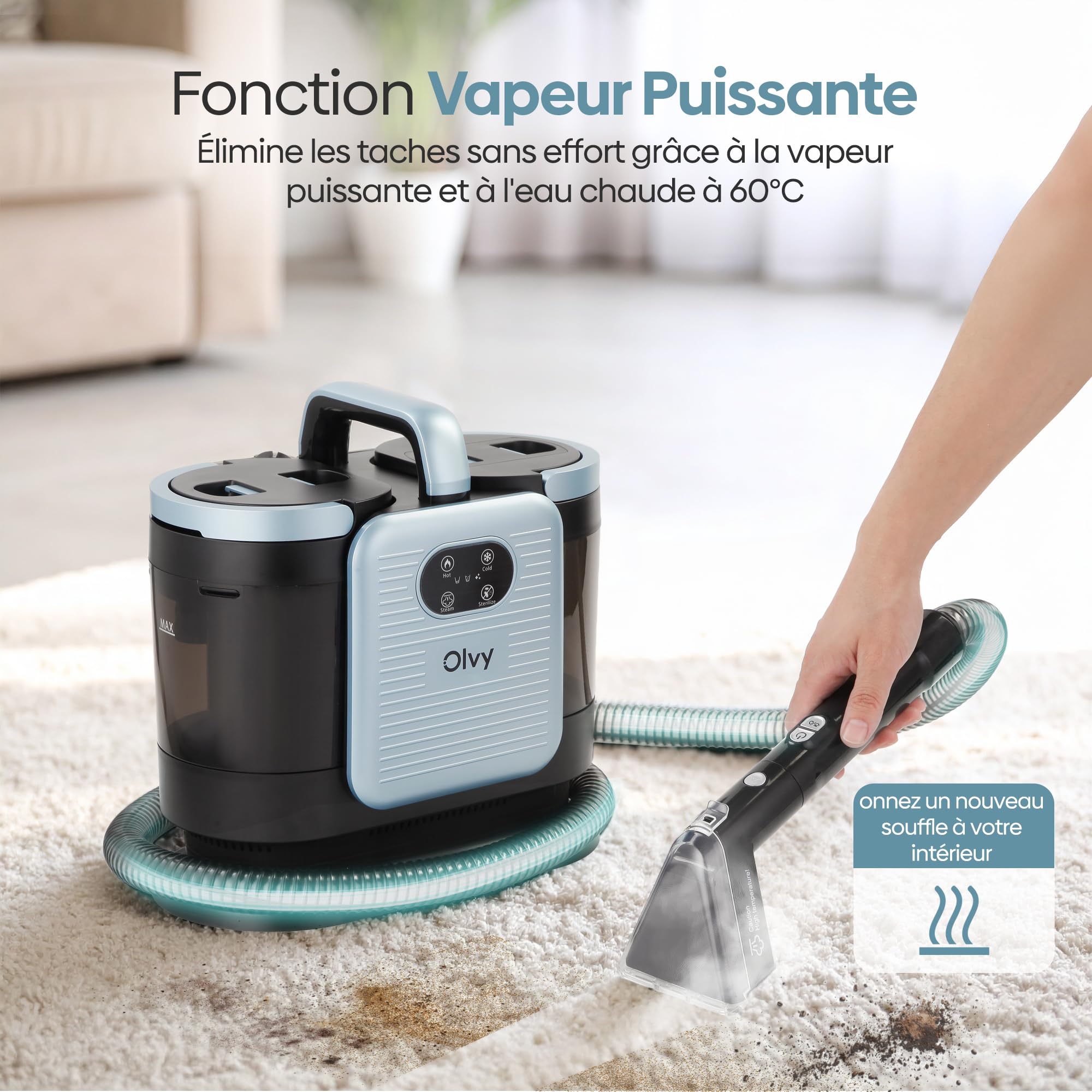 Olvy Nettoyeur de Tapis PRO – Aspirateur Injecteur-Extracteur avec Fonction Vapeur – Nettoyeur à Vapeur 100°C – Appareil Nettoyeur de Canapé – Nettoyeur de Tapis Humide – avec Détergent – 1650W – Nett