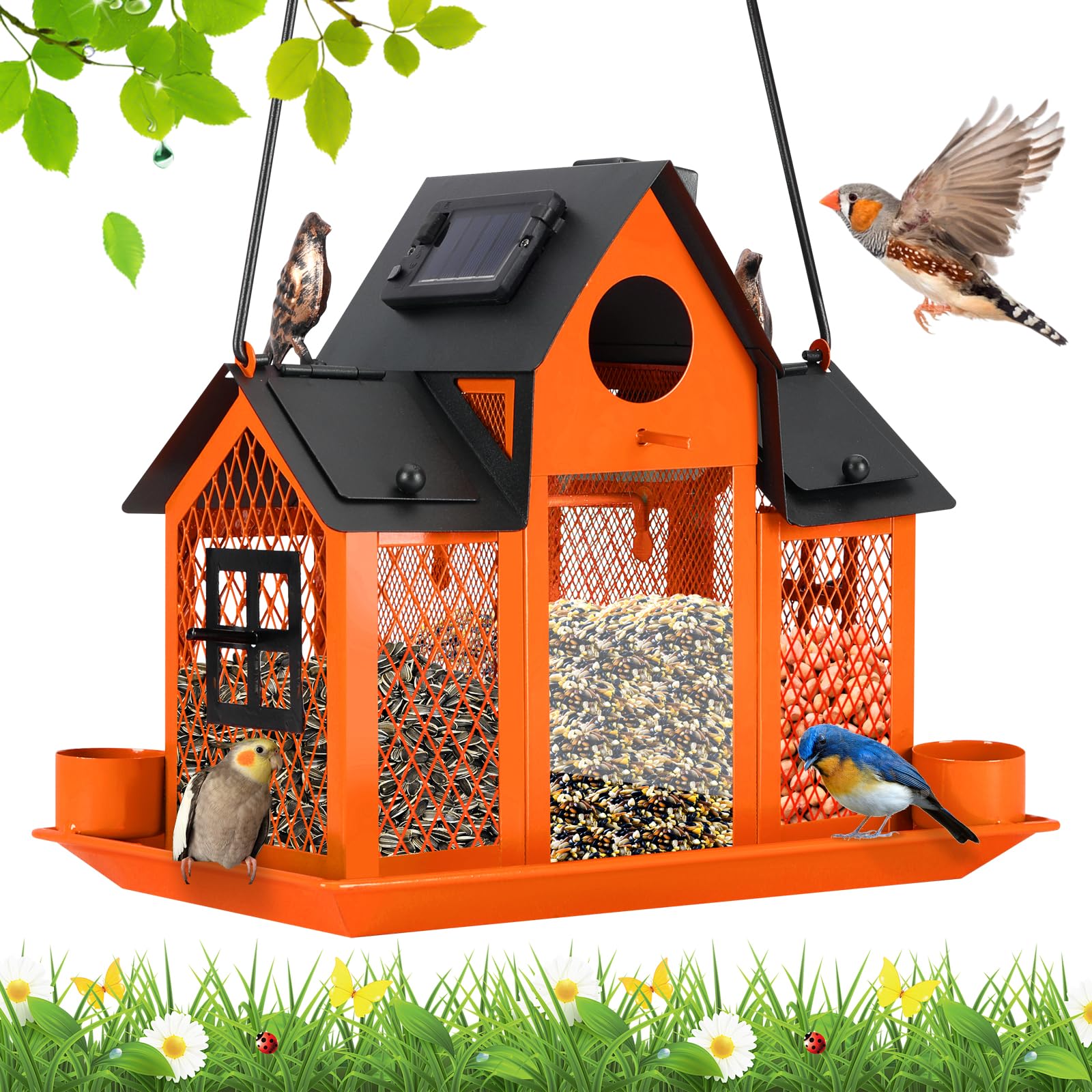Comedero solar para pájaros para colgar en el exterior, comedero de metal para pájaros silvestres para exteriores, comedero grande para pájaros cardenales, casas de pájaros, naranja