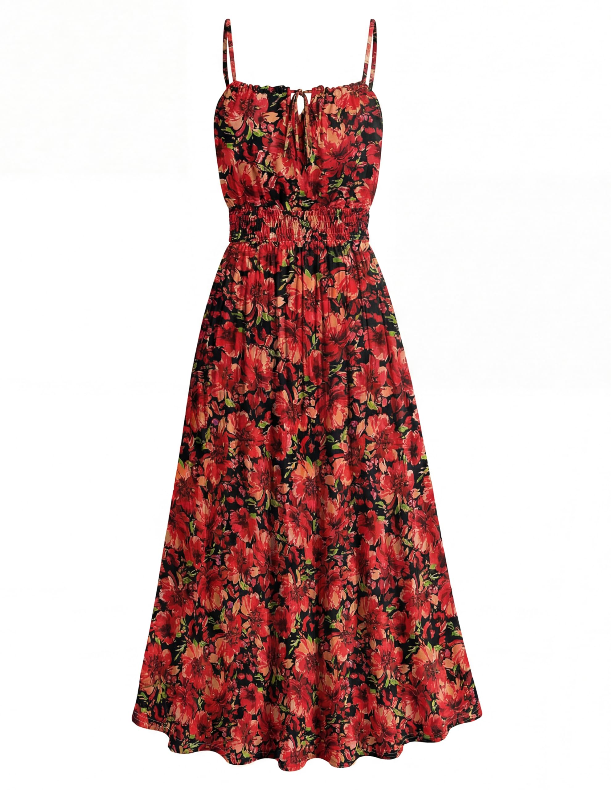 GRACE KARIN 2026 Women's Hawaiian Midi Sundress Summer Vacation Spaghetti Floral Clothes Boho Casual Dresses with Pockets Red Black Floral L