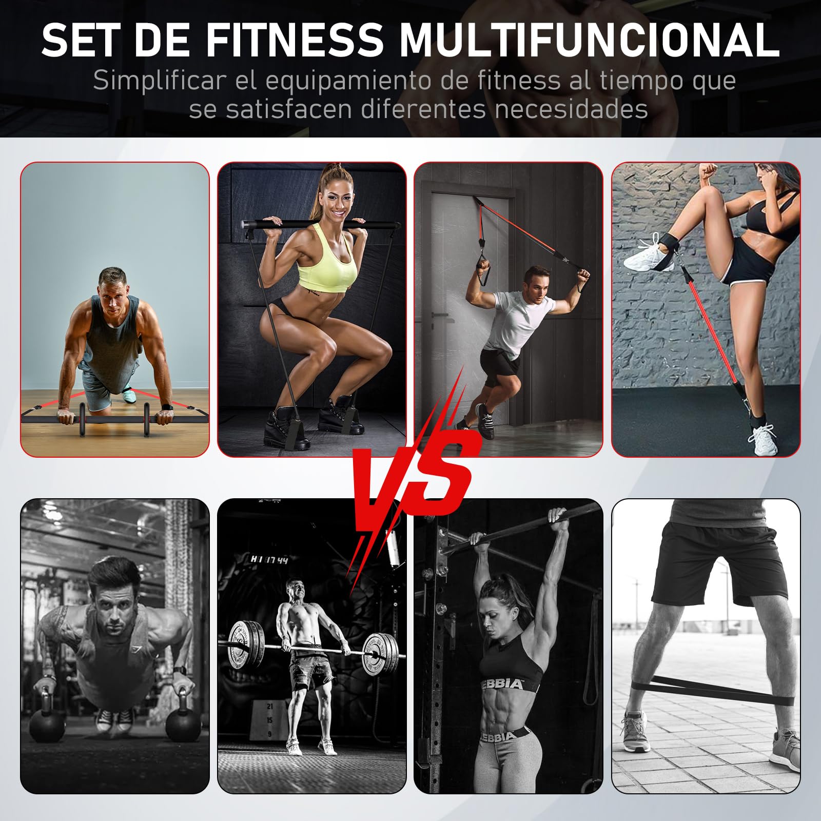 8 Gomas Elasticas Musculación (20/30/40/50lbs) con Barra de Pilates, Ruedas Abdominales, Anclaje para Puerta, Correas para Tobillos, Mango, Kit Pilates para Fitness en Casa, Gym