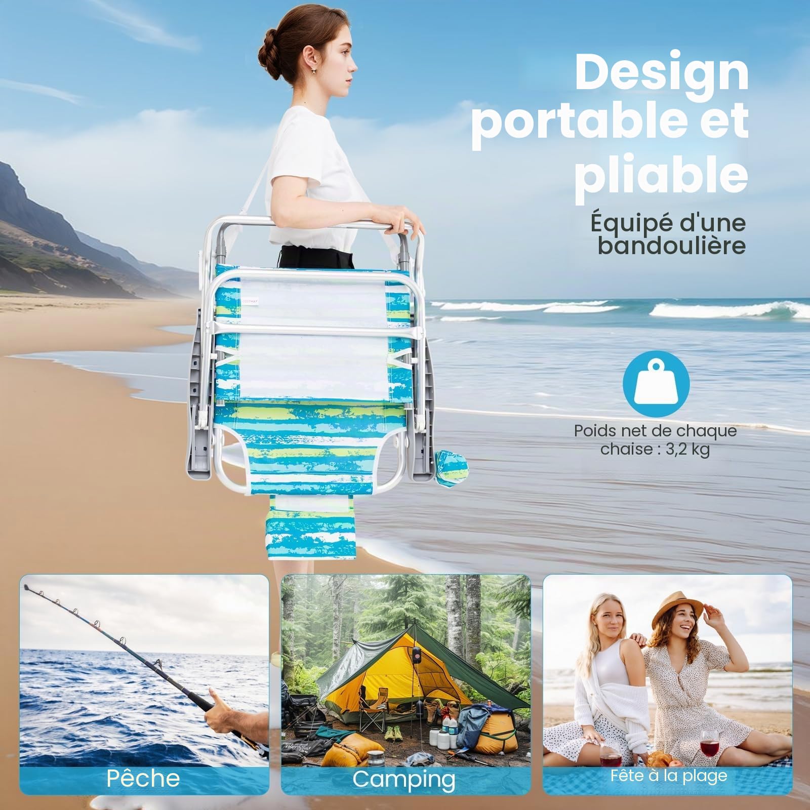 FANTASK Lot de 2 chaises de Plage Pliables, Chaise de Camping, Dossier réglable sur 5 Niveaux, chaises Pliantes avec Dossier réglable, appuie-tête, Porte-gobelet et Porte-Serviettes, Charge jusqu'à