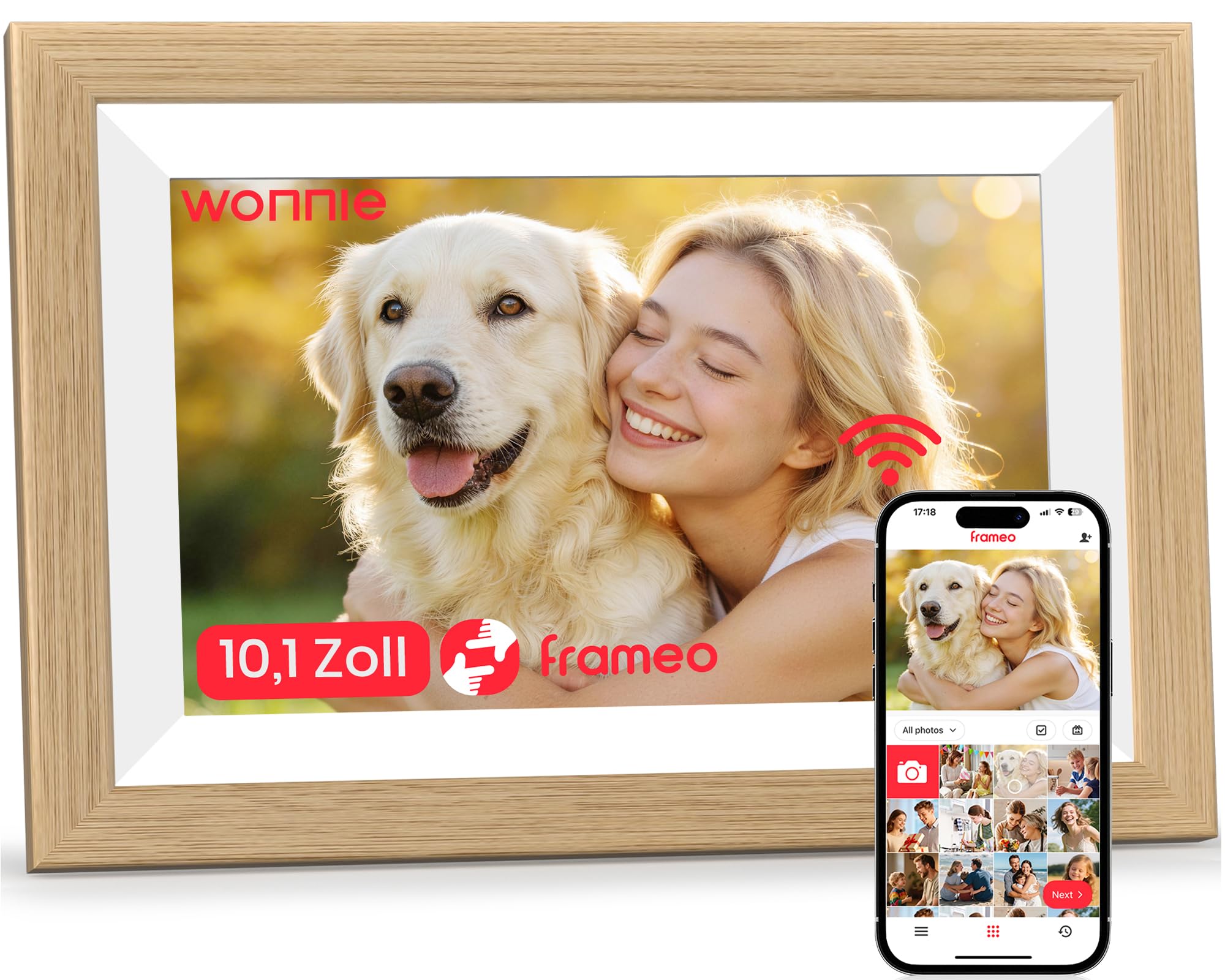 Frameo WLAN Digitaler Bilderrahmen 10,1 Zoll, HD 1280 * 800 IPS Touchscreen Elektronischer FotoRahmen mit 32GB Speicher, Auto Drehung, Einfache Weitergabe von Fotos Videos über Frameo App
