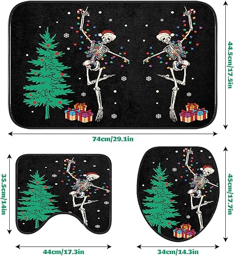 Miniatura 3 de Peryiter Juego de 4 cortinas de ducha de esqueleto navideño con alfombrilla antideslizante, cubierta para tapa de inodoro y tapete de baño, cortina