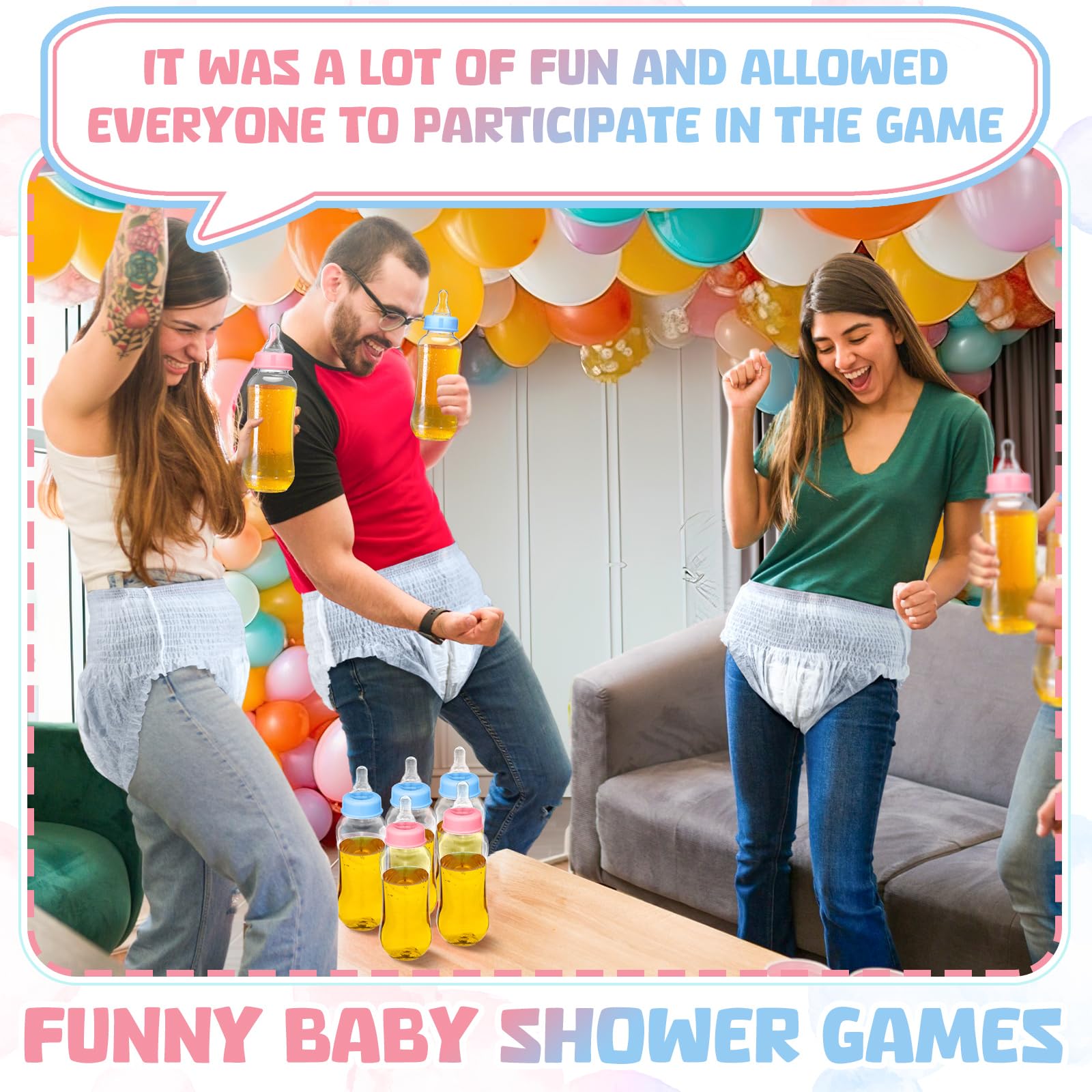 Hushee 12 zestawów zabawnych plastikowych butelek Chug Baby Shower Games Juegos Para Plastikowe butelki dla niemowląt Jednorazowe pieluchy ujawnienie płci Prezenty wyścigowe Pieluchy Feed Me Gra