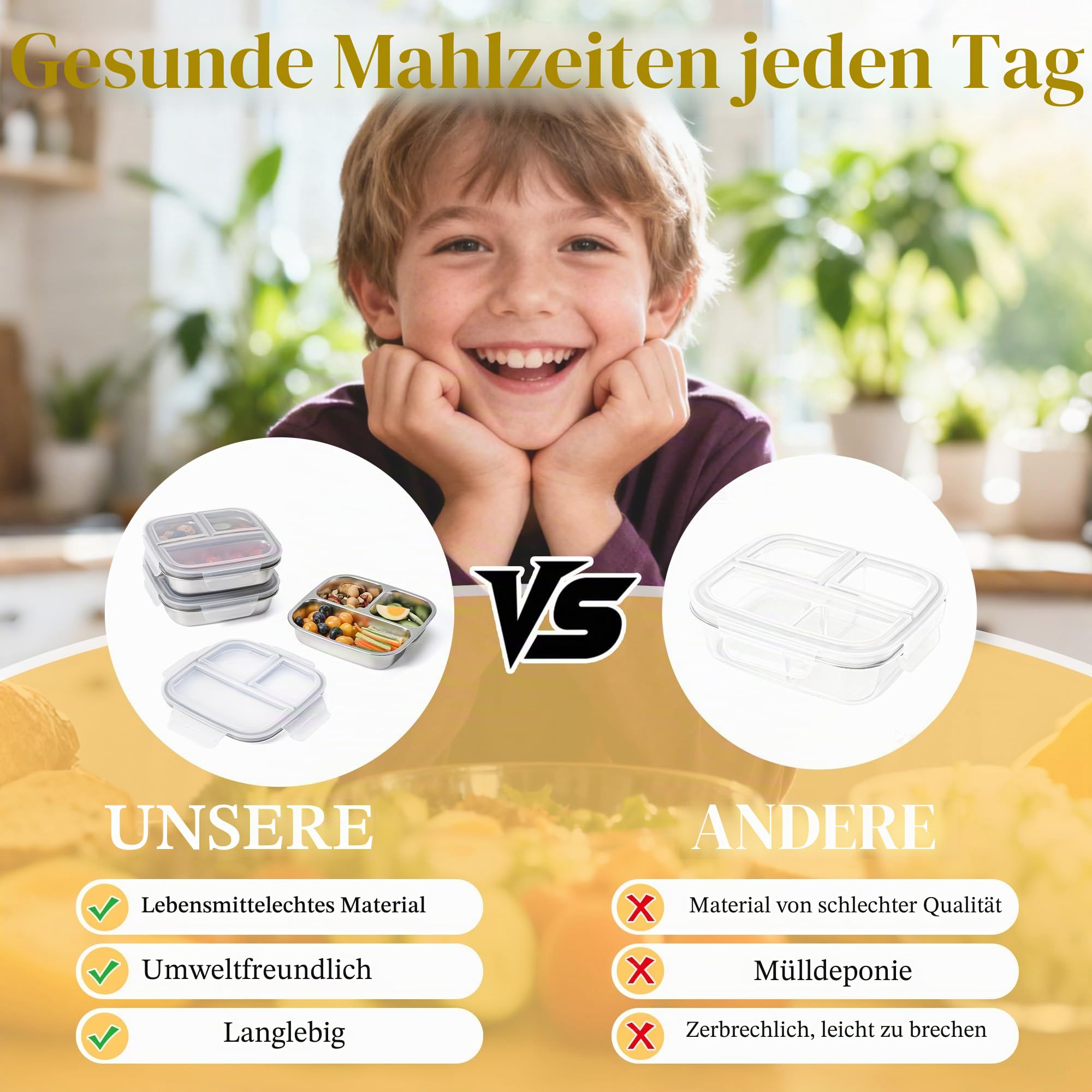 Misichao Edelstahl Snackbox mit 3 Fächern | Wiederverwendbare kleine Bento-Lunchbox für Kinder und Erwachsene, geteilter Essensbehälter für Schule, Arbeit, Reisen (4, Grau)