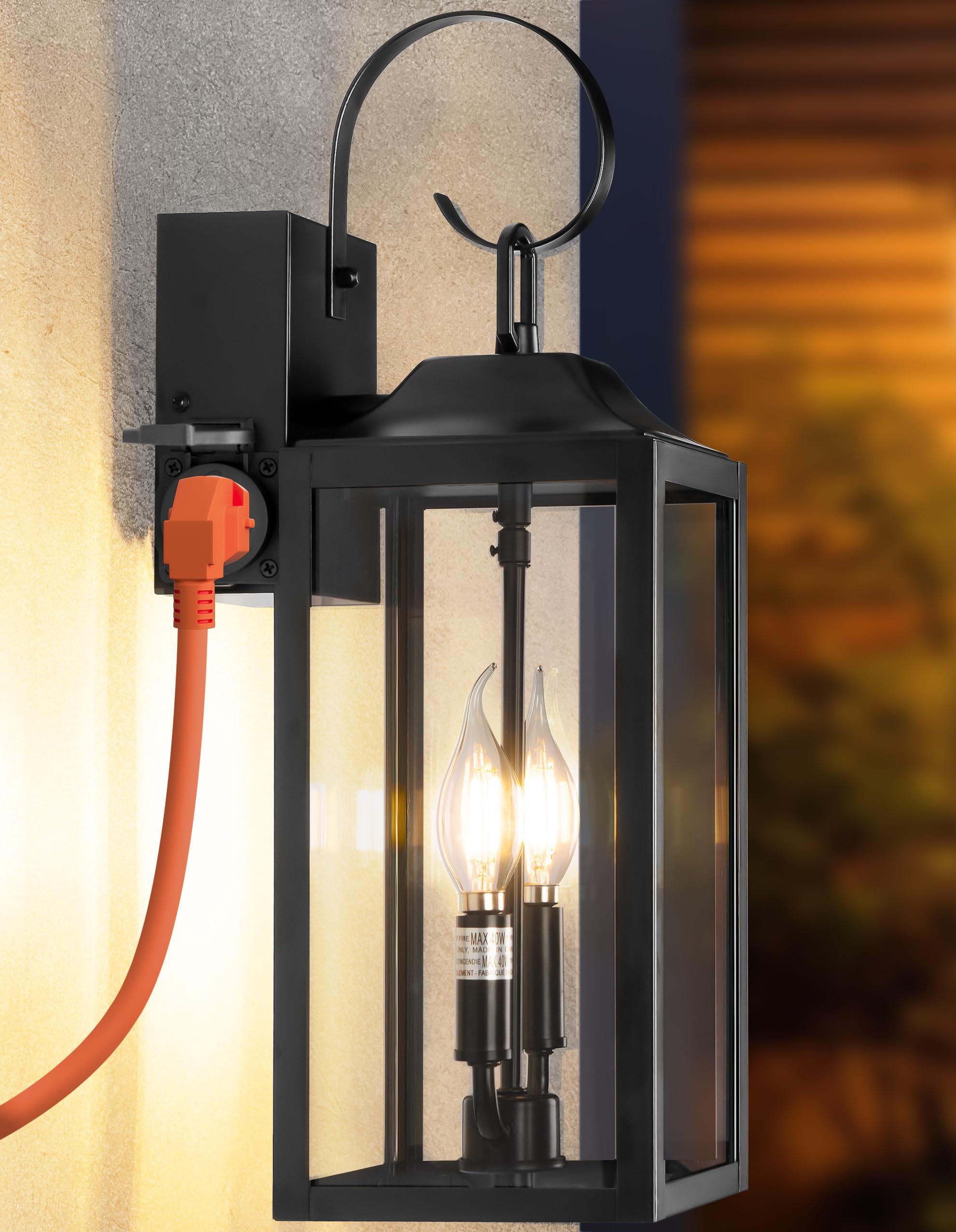 Photo 1 of 19" Large Porch Light with Outlet, Black Large Outdoor Wall Lantern 2-Light