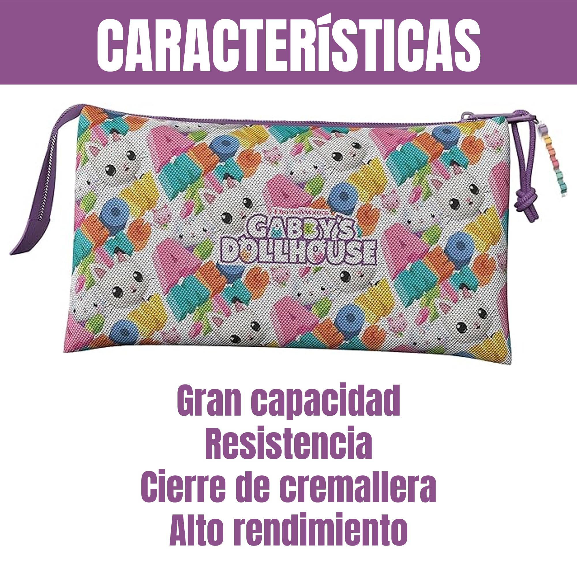 CYP BRAND Gabby- Triple Pencil Case, Pencil Case, 5 Compartments, Preschool, Pencil Case, Gabby, Pandy Patitas, Purple Color - Image 3