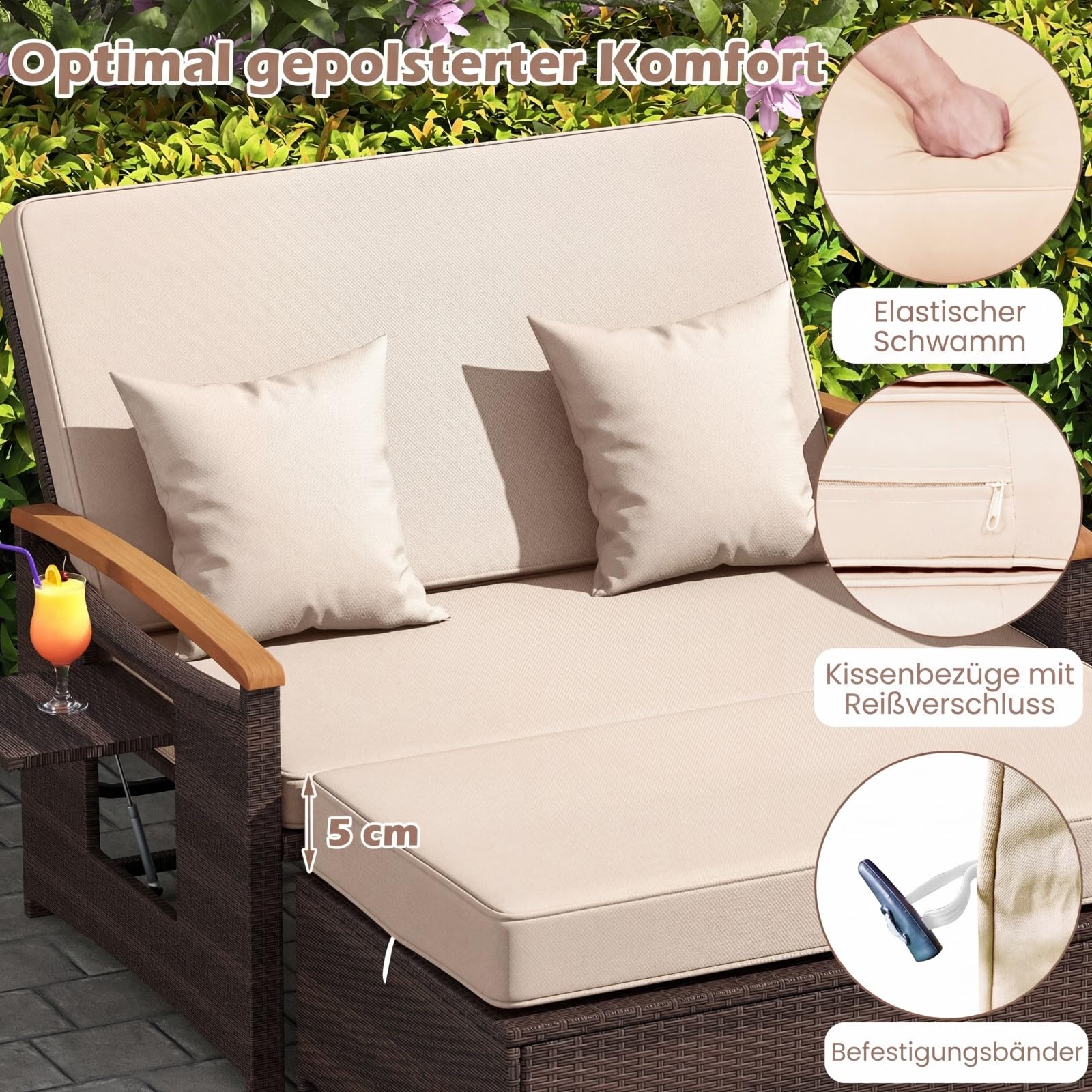 COSTWAY Rattan Lounge Sofa, Lounge Möbel Outdoor, Gartensofa mit Liegefunktion, 2-Sitzer Gartenlounge mit Kissen & Seitenablagen, Polyrattan Gartenmöbel, Balkon Möbel, Balkonmöbel Kleiner Balkon