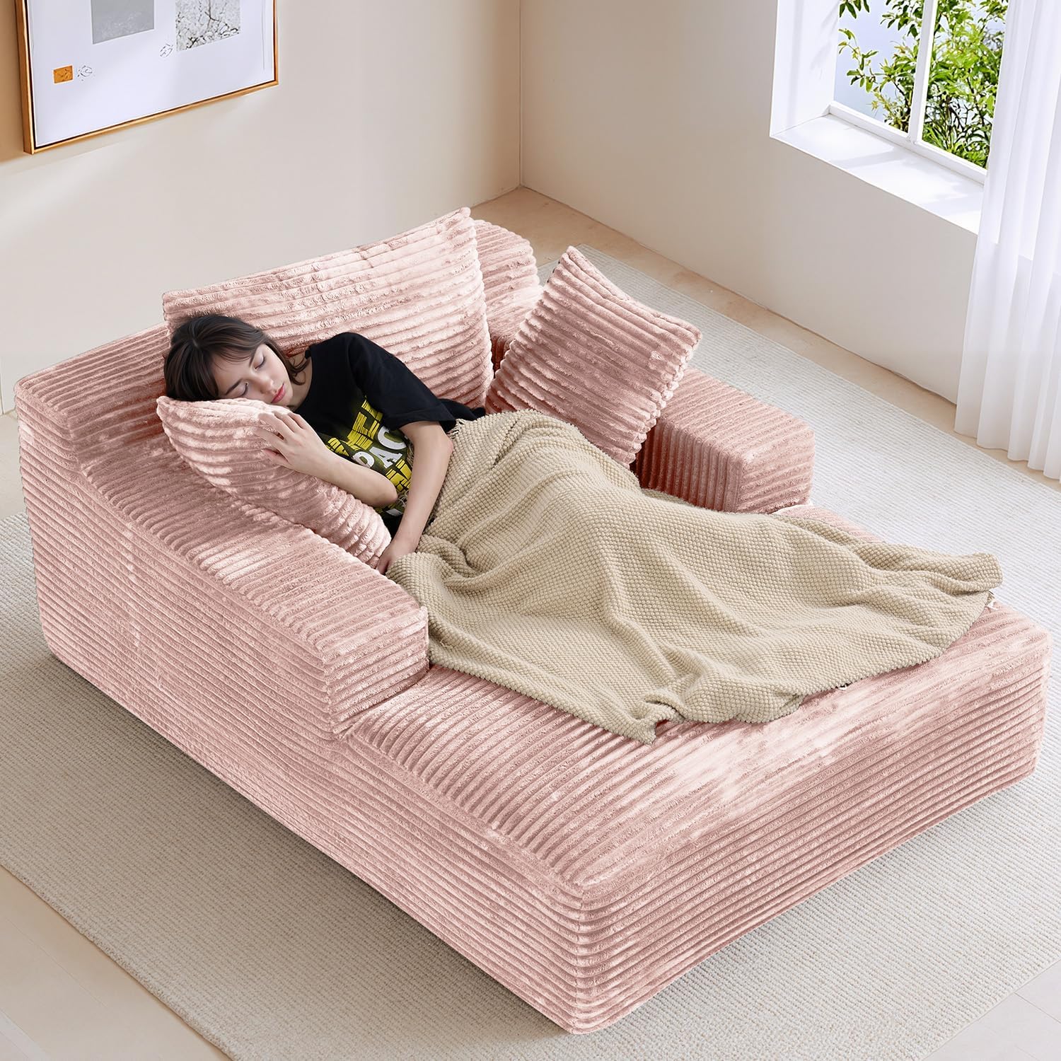 50" W x 68" D Oversized Chaise Lounge Chair Indoor Boneless Reading Chair Plush Corduroy Recliner Large Deep Seat Upholstered Sleeper Comfy Sofa Bed with 3 Pillows for Living Room Bedroom, Pink