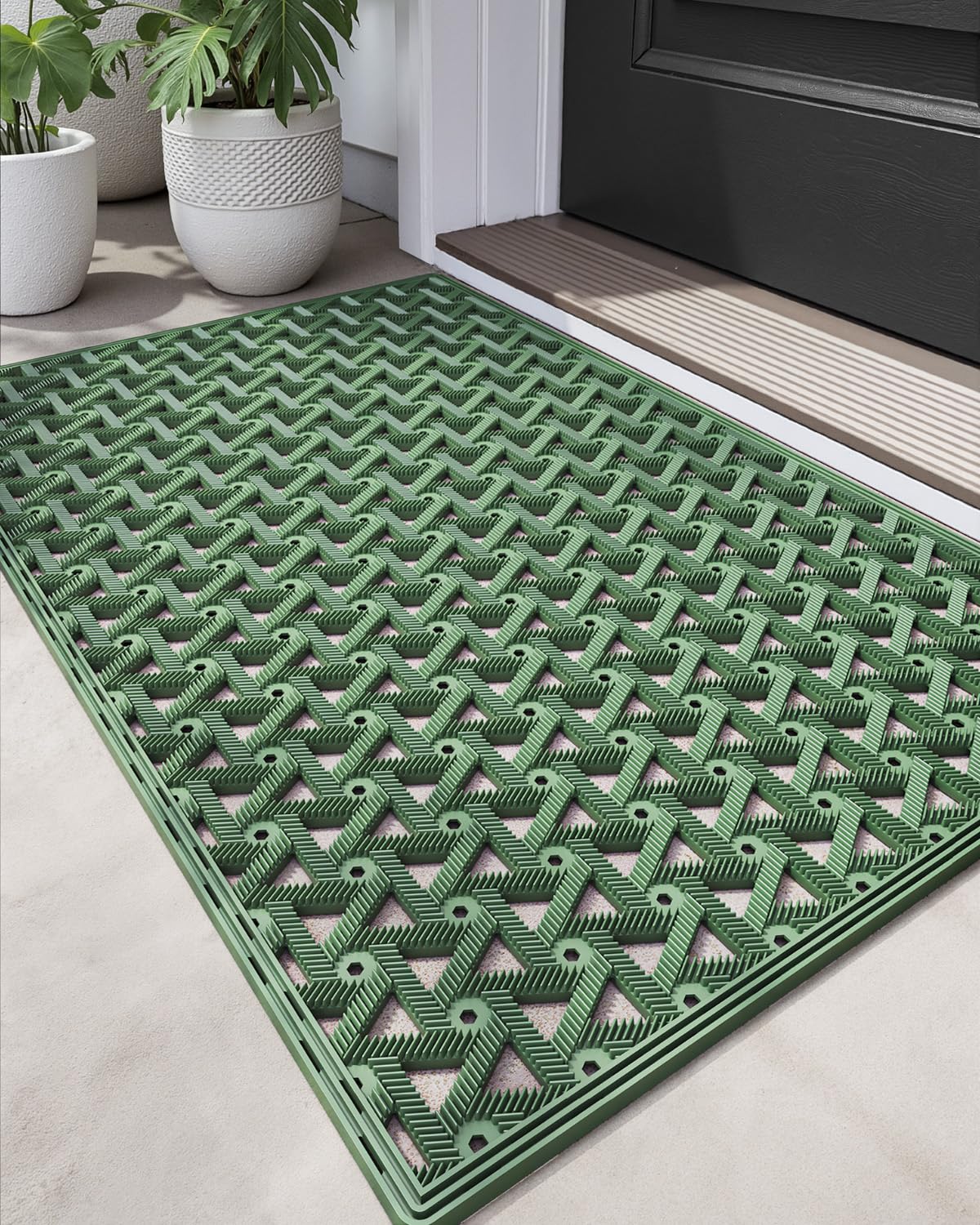 DEXI Front Door Mat Outside Entrance?19x30 Rubber Floor Doormat Heavy Duty Non Slip, Dirt Trapper Waterproof Exterior Entry Mats All Weather for Patio Entryway Drainage, Green