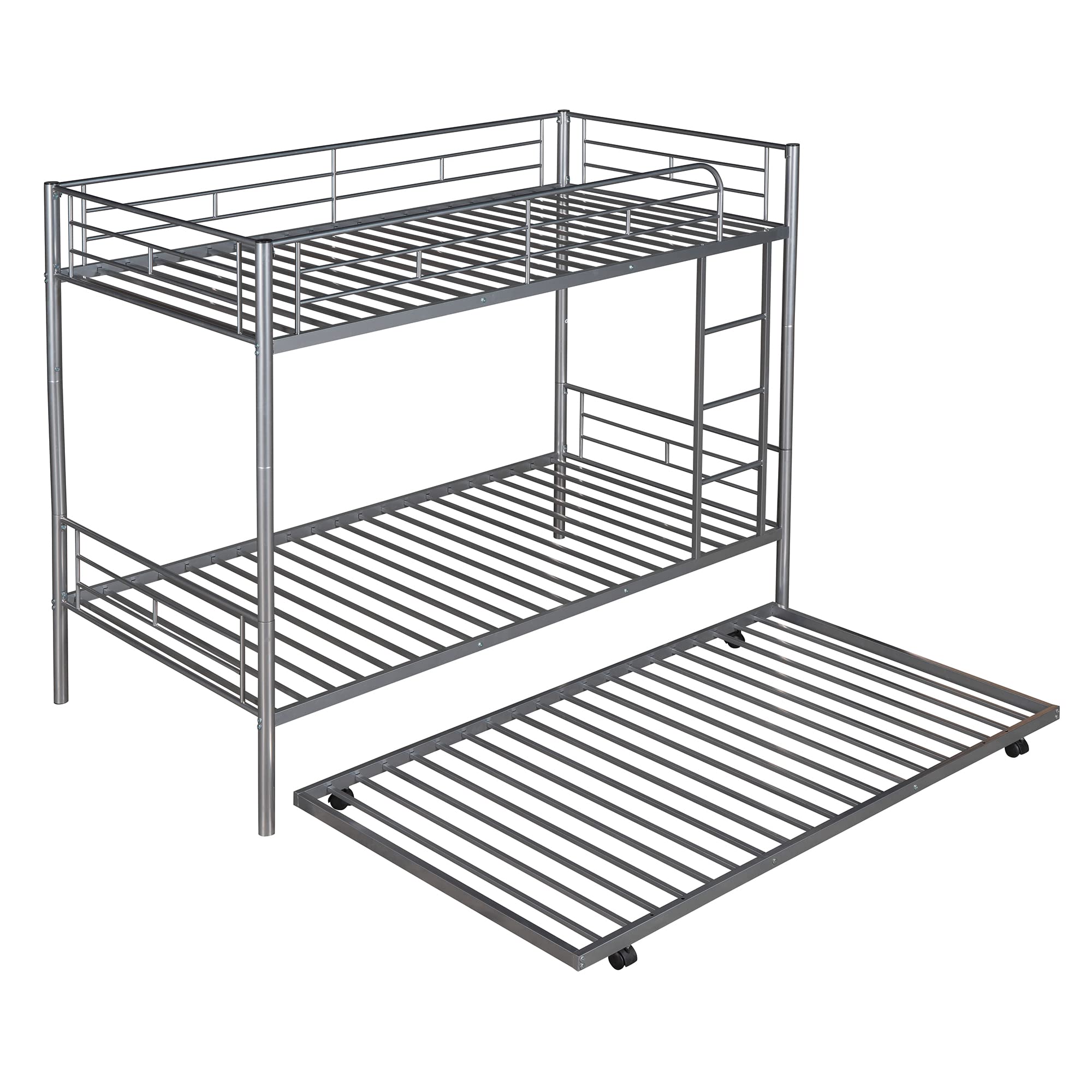 Twin Over Twin Metal Bunk Bed with Trundle, Loft Bed Twin Size with Guardrails and Built-in Ladder, Kids Metal Bunk Bed Frame Convertible Into Two Beds Silver As Shown