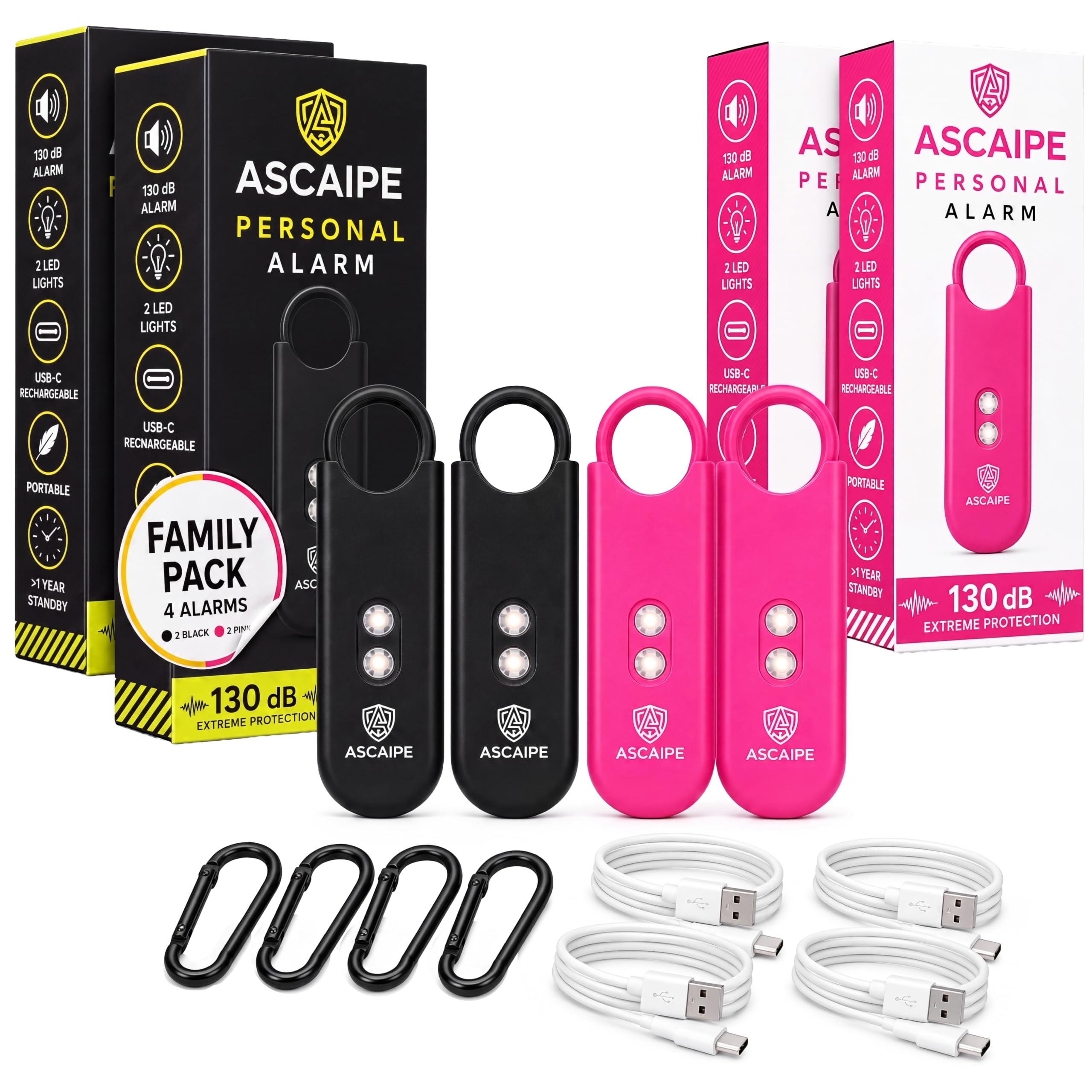 Alarma de bolsillo de 130 dB con luz estroboscópica LED, paquete familiar, 2 negros, 2 rosas | Para toda la familia: 2 negros, 2 rosas, 130 dB cada alarma, 2 altavoces, luz estroboscópica LED, recargable y a mano