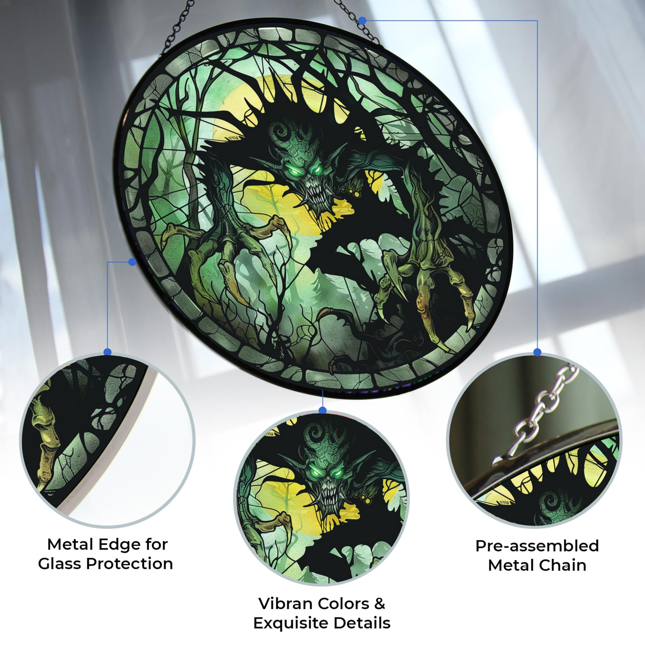365CUSGIFTS Monster Halloween Stained Glass Window Hangings, Cat Butterfly Sunflower Handcrafted Stained Glass Suncatchers, Gift for Cat Lovers Nature Lovers (12”x12”)